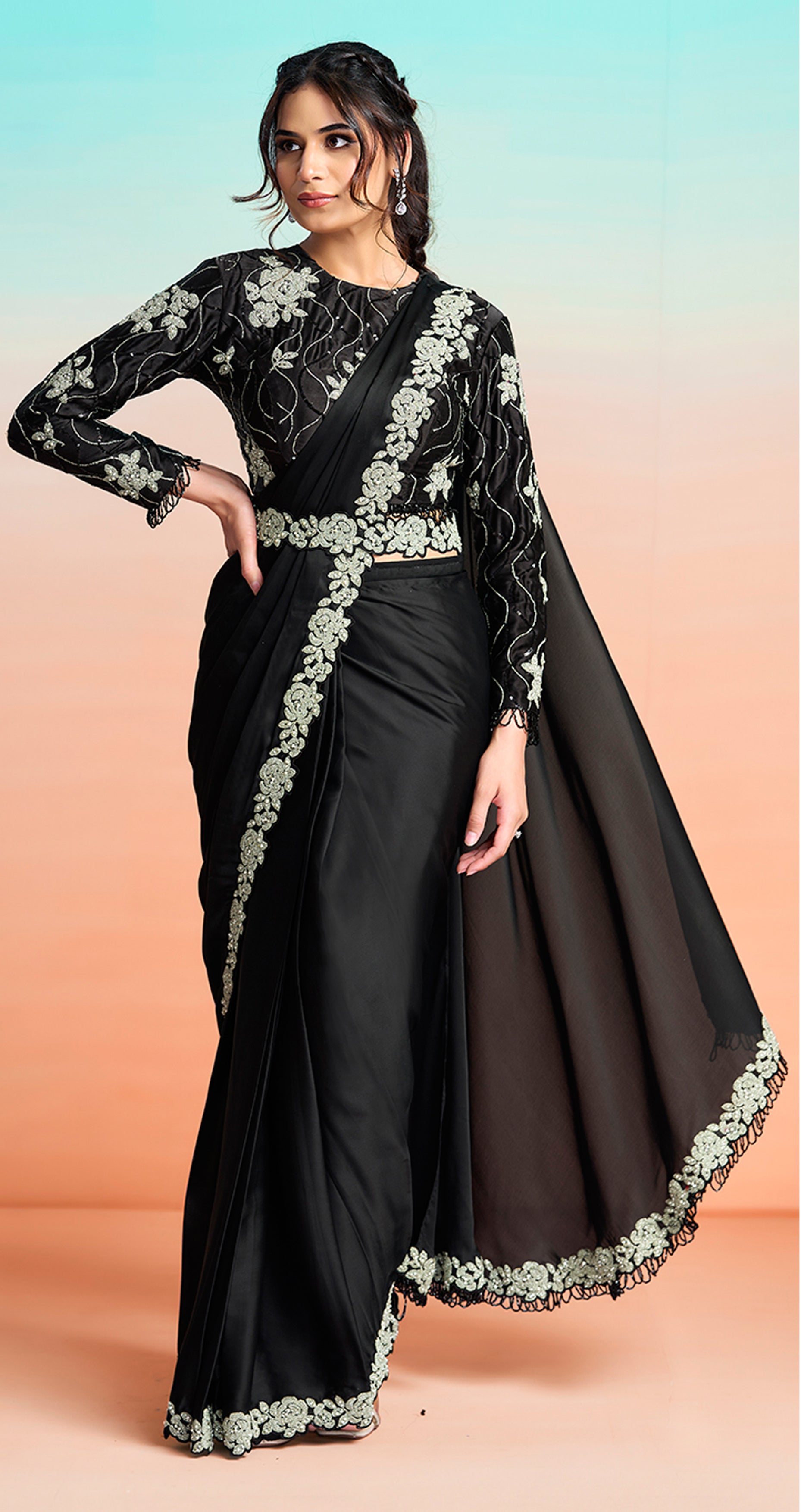 Black Embellished Satin Silk Draped Saree
