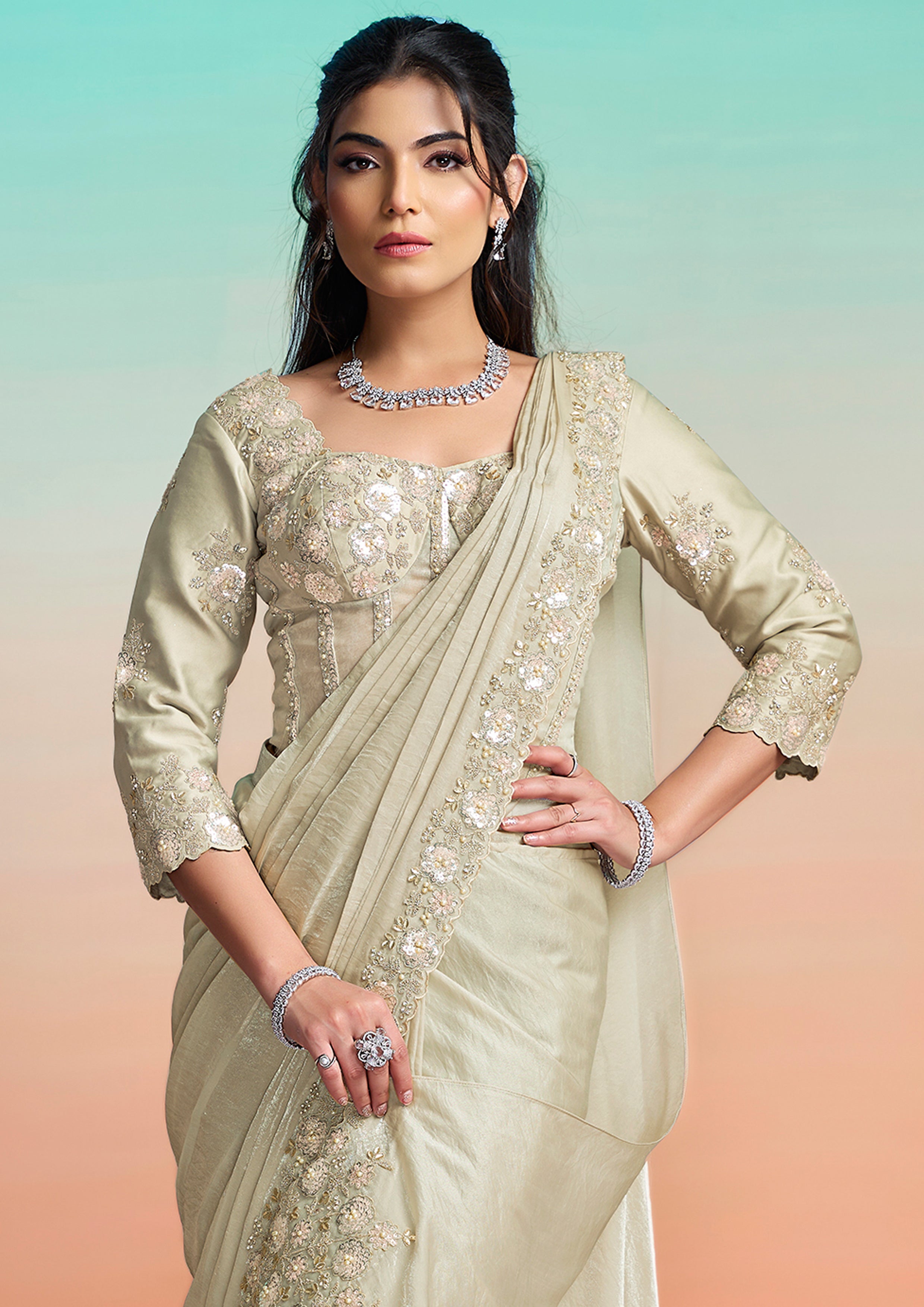 Pearl Grey Floral Embroidered Satin Silk Draped Saree