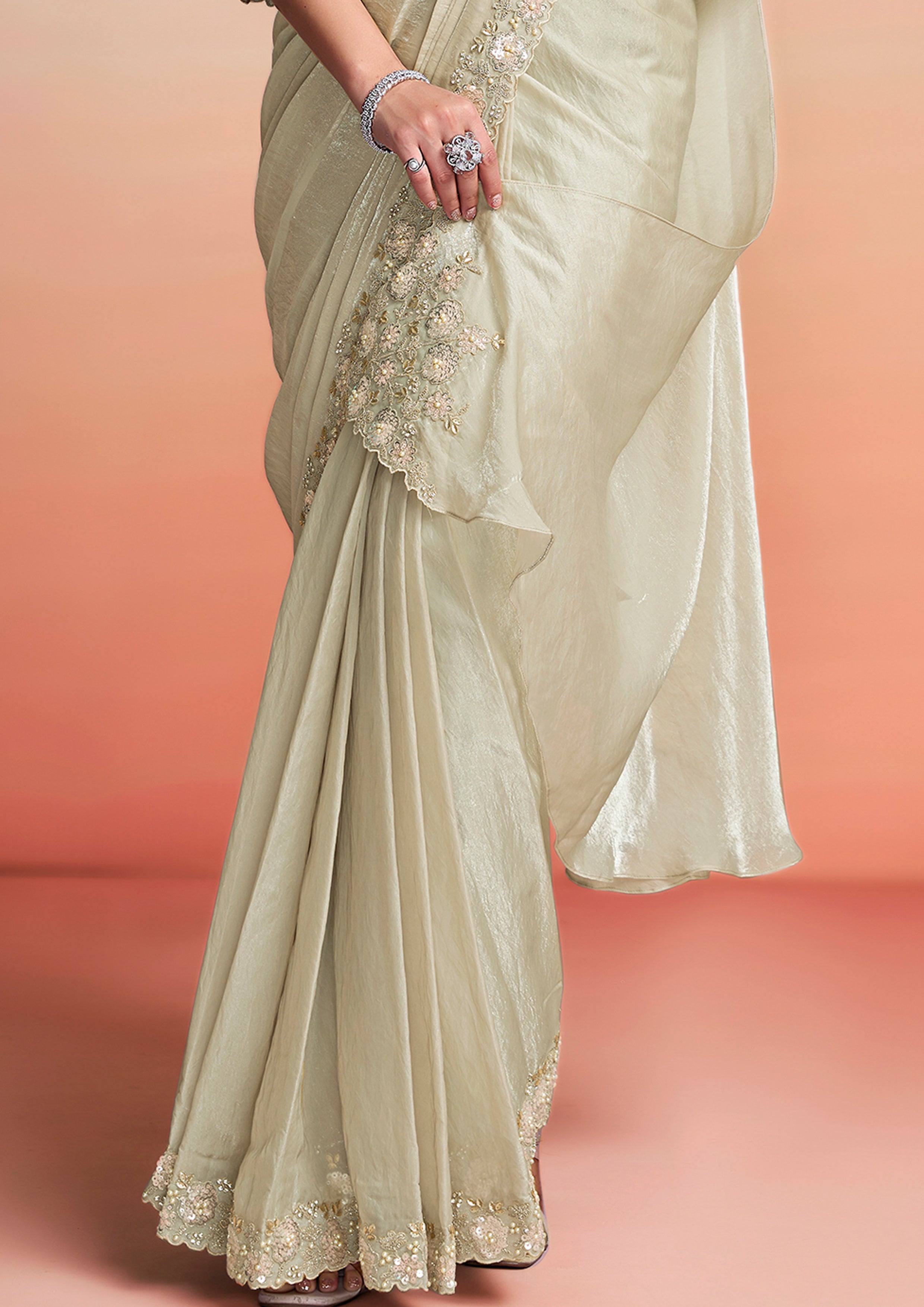 Pearl Grey Floral Embroidered Satin Silk Draped Saree