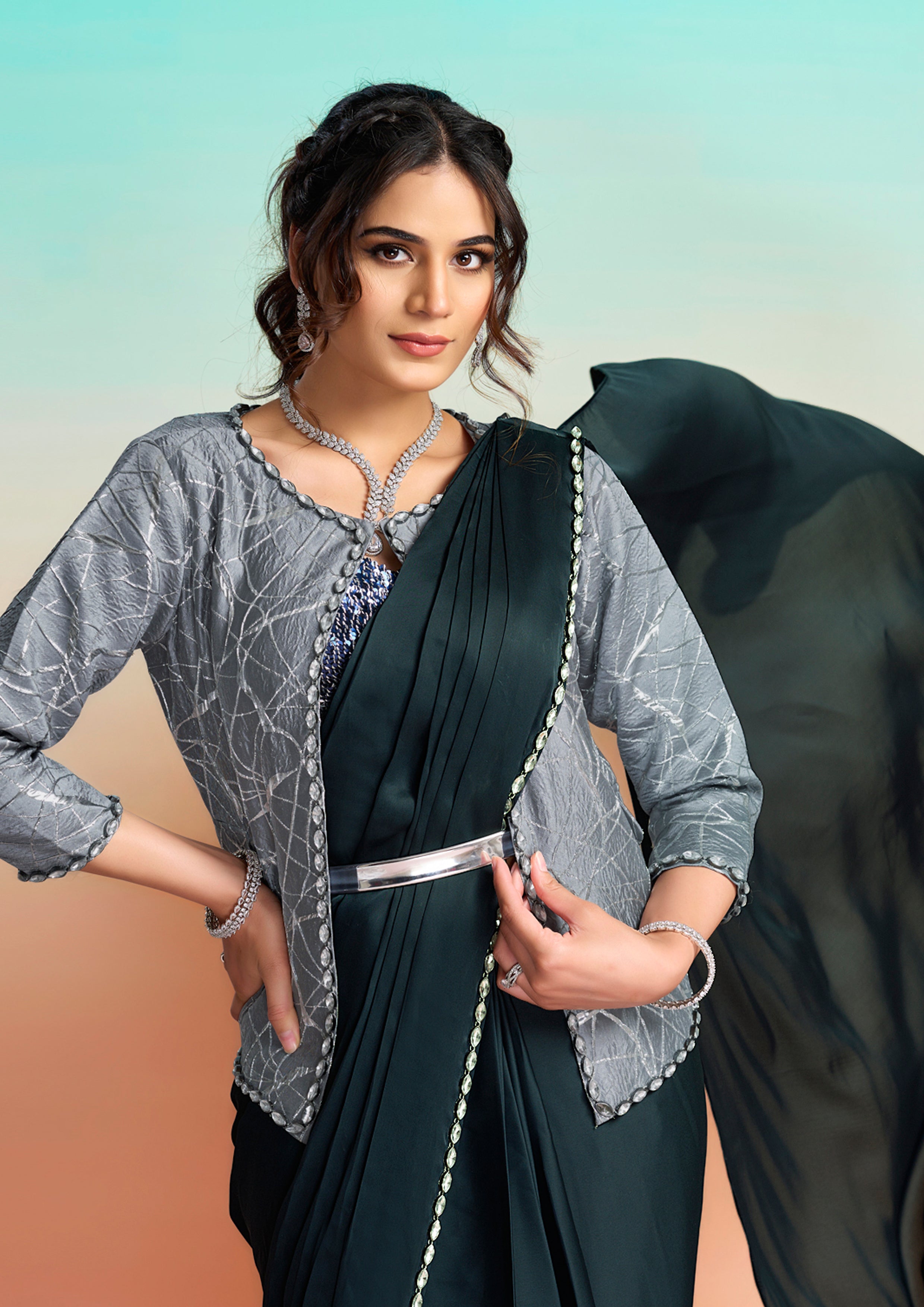 Navy Blue Floral Embroidered Satin Silk Draped Saree