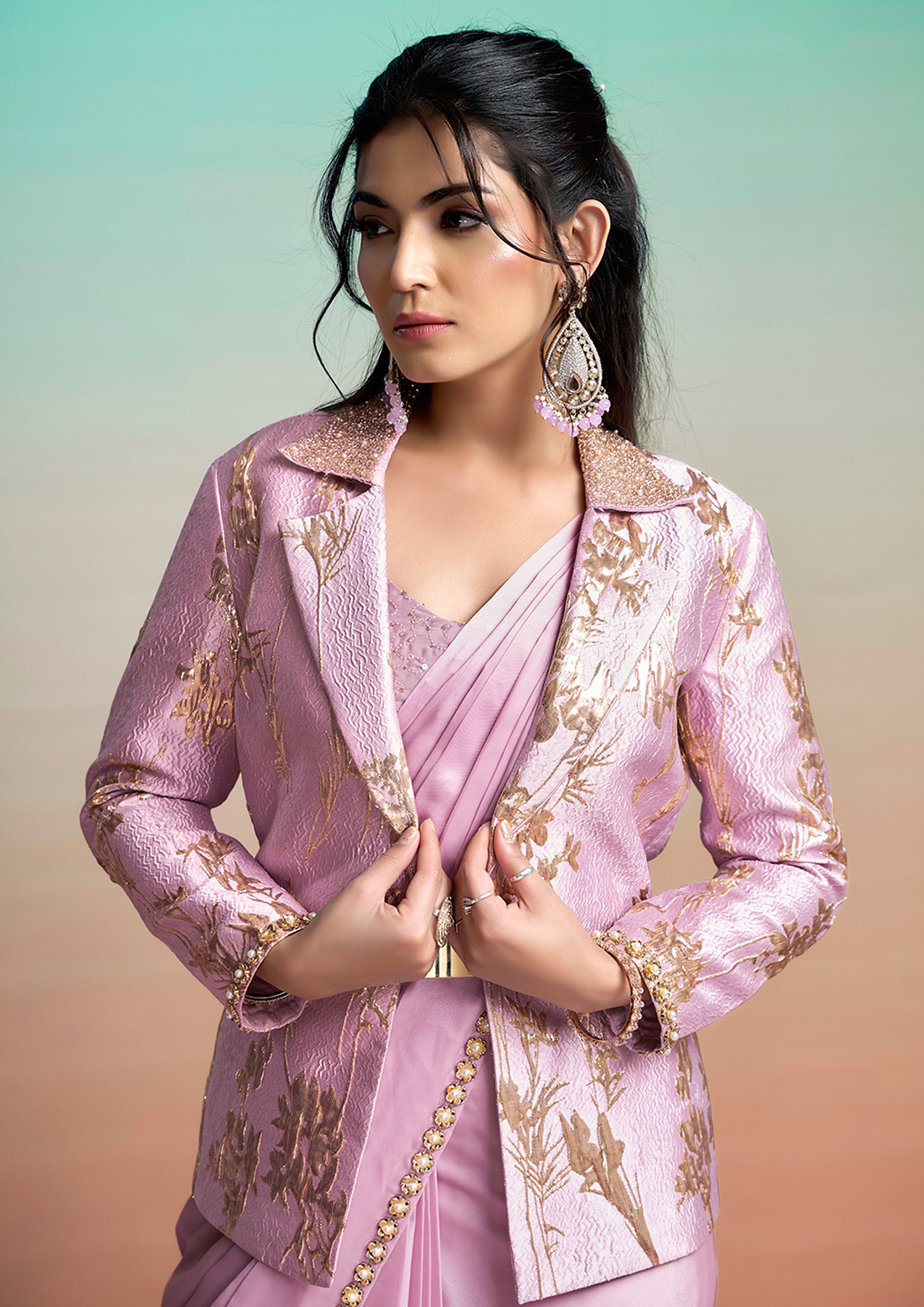 Lavender Embroidered Satin Silk Draped Saree