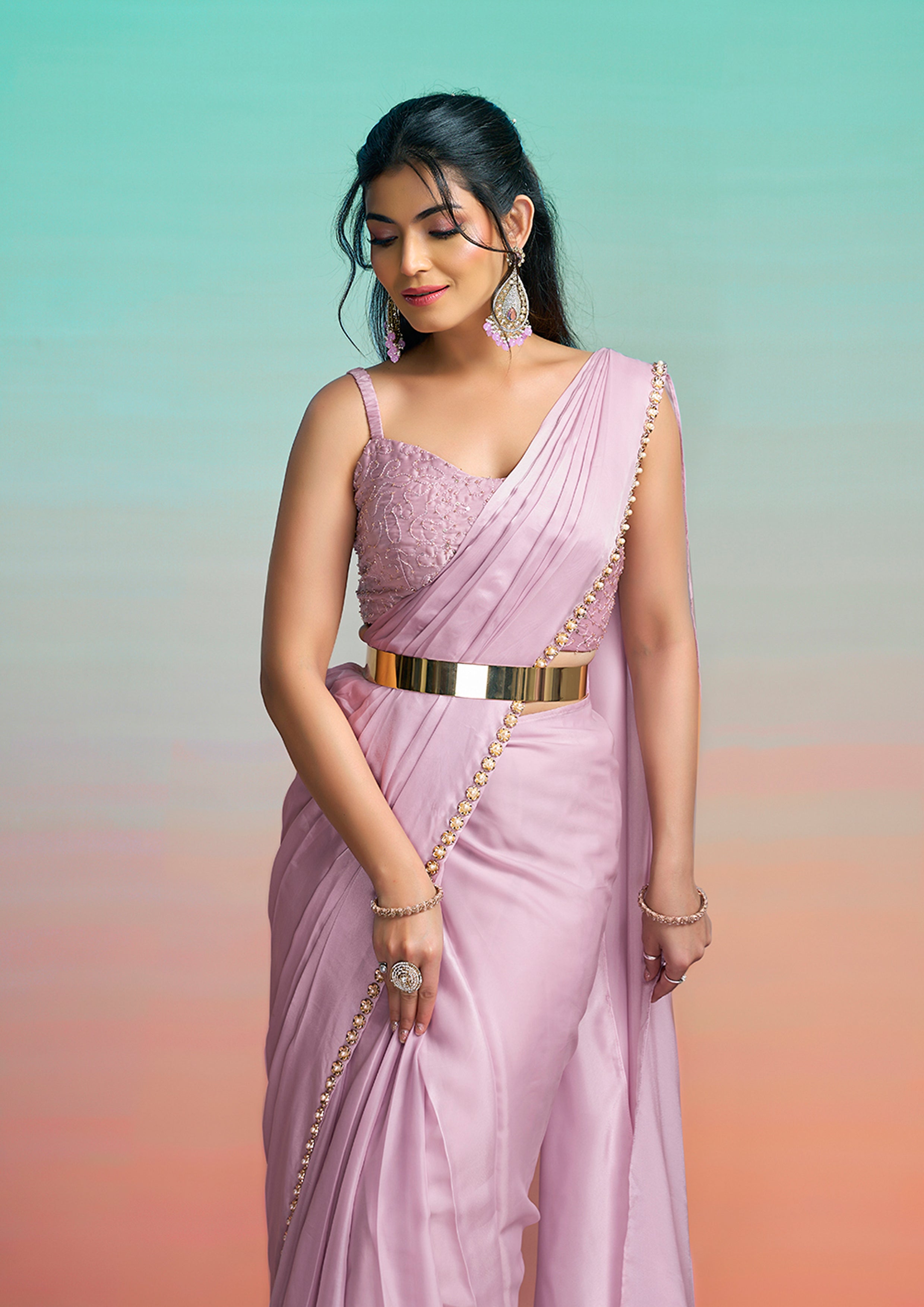 Lavender Embroidered Satin Silk Draped Saree
