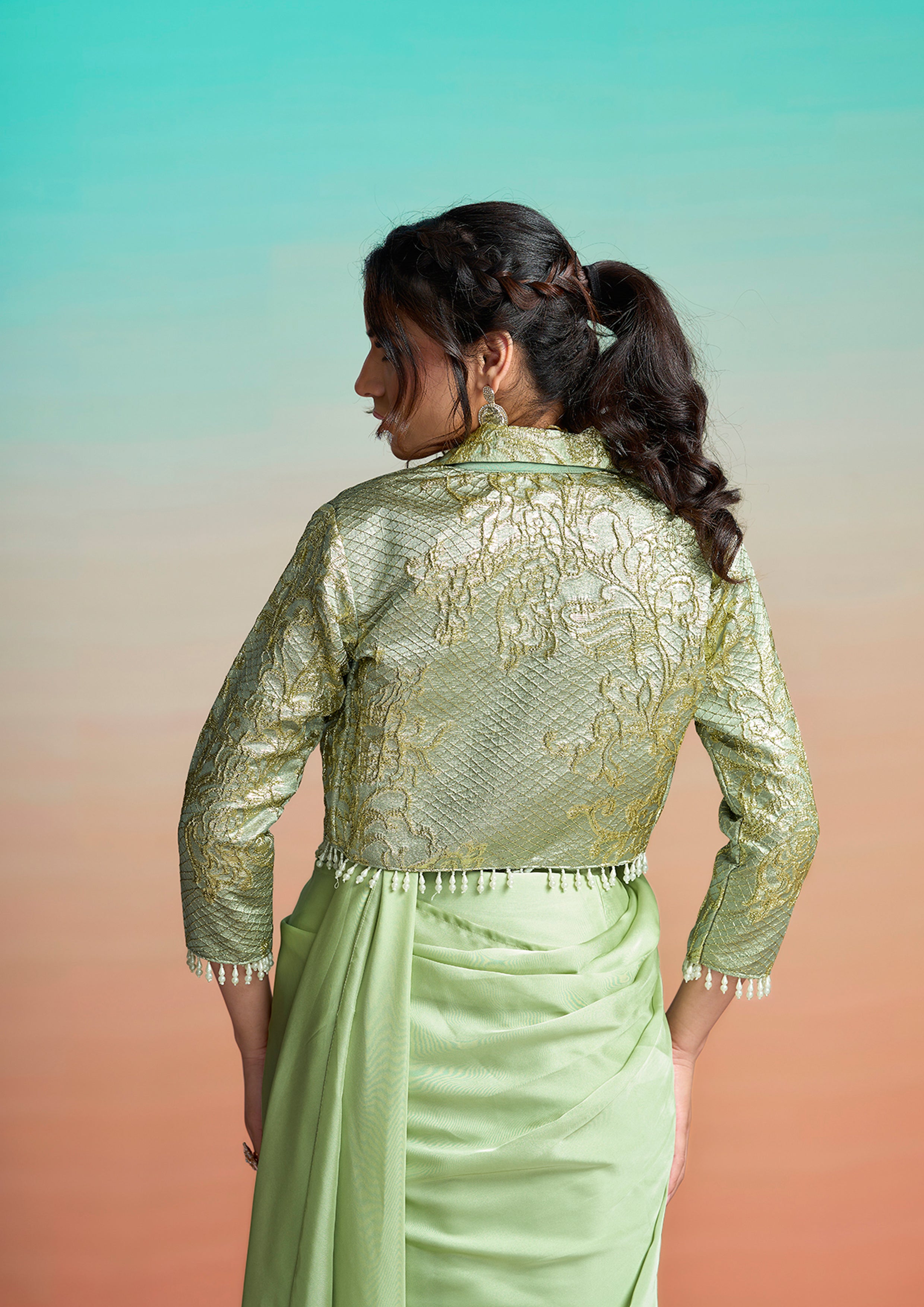 Mint Green Embroidered Satin Silk Draped Saree