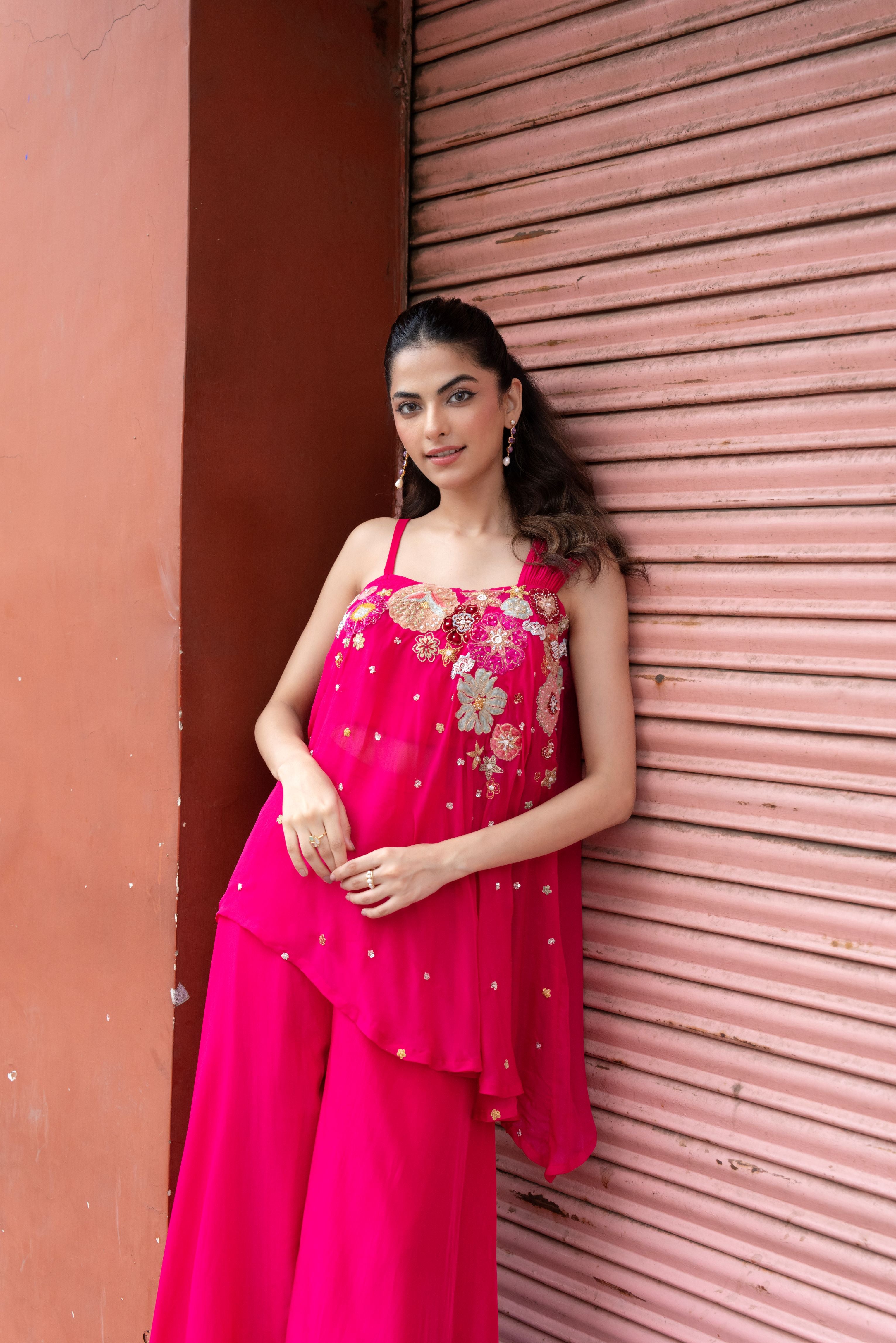 Pink Bloom Embellished Crepe Silk Palazzo Set