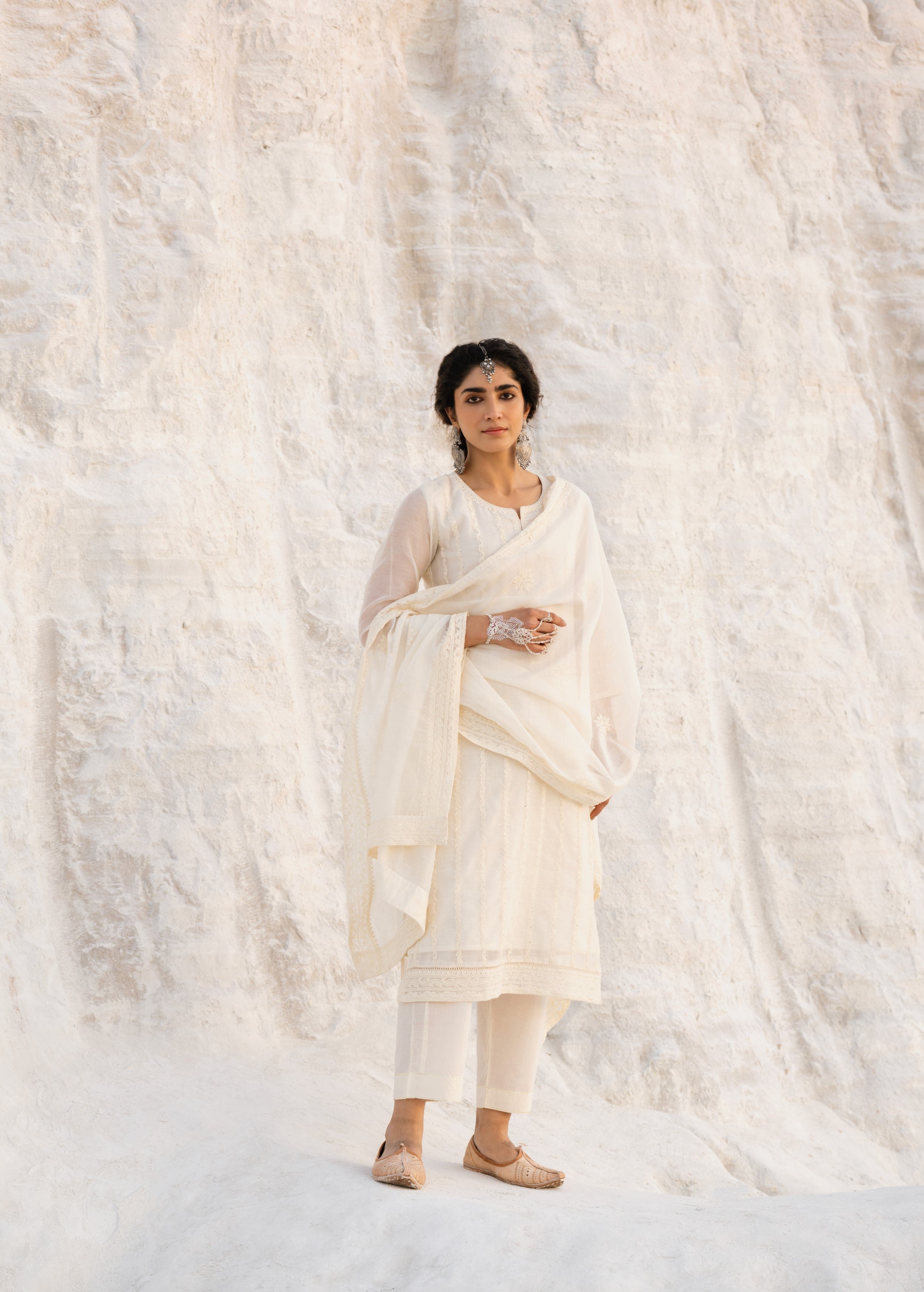 Off-White Embroidered Mul-Chanderi Silk Pant Set