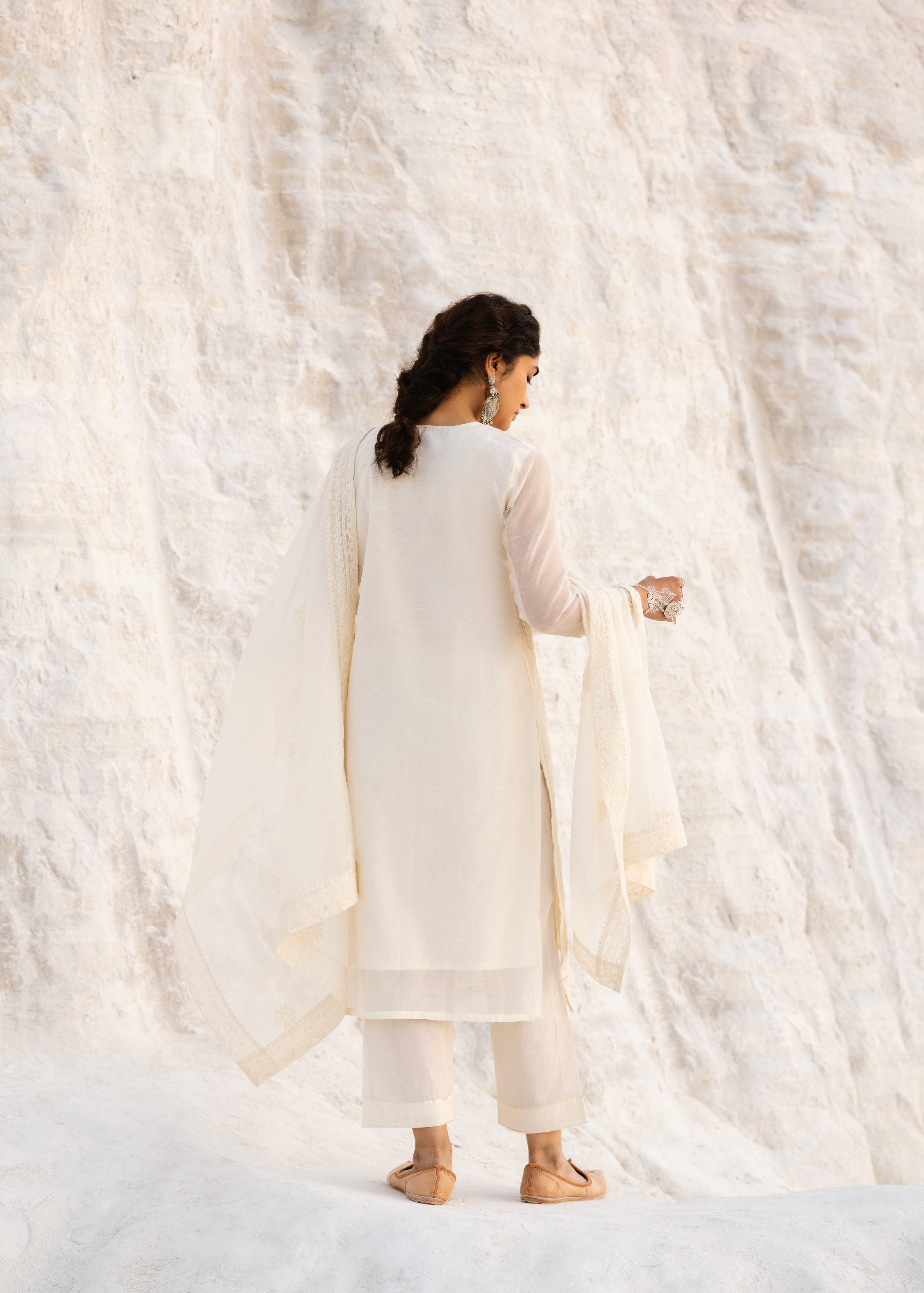 Off-White Embroidered Mul-Chanderi Silk Pant Set