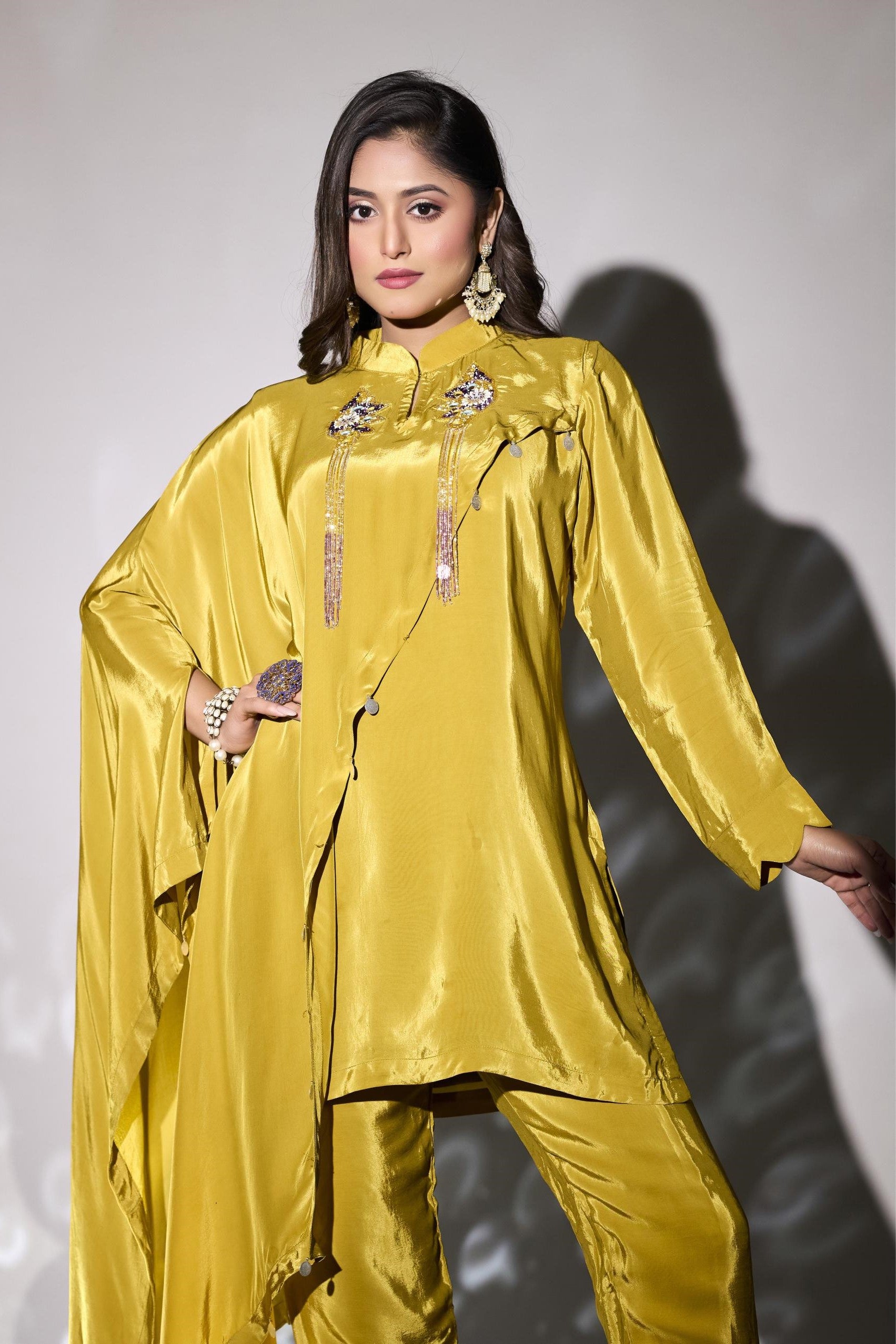 Bright Yellow Embellished German Silk Co-Ord Set