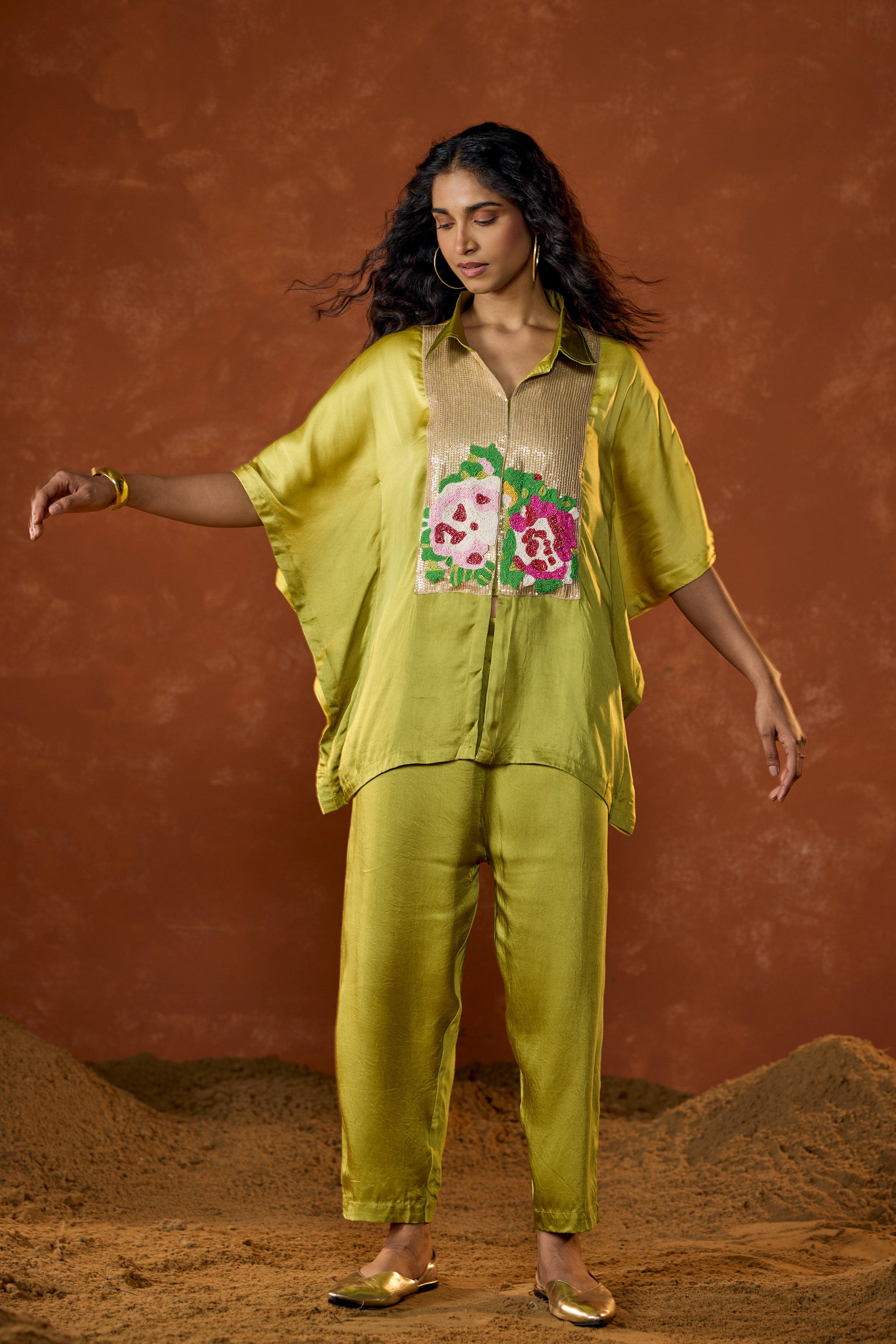 Lime Green Embellished Satin Silk Kaftan Set