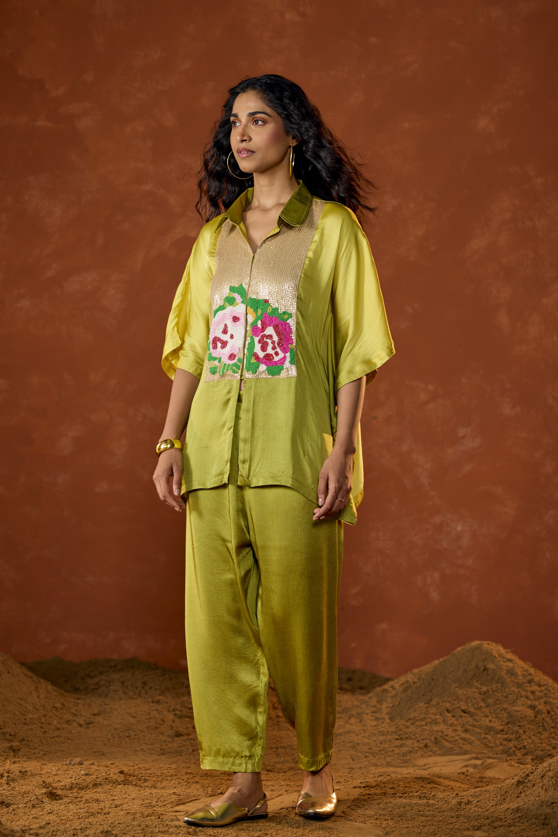 Lime Green Embellished Satin Silk Kaftan Set