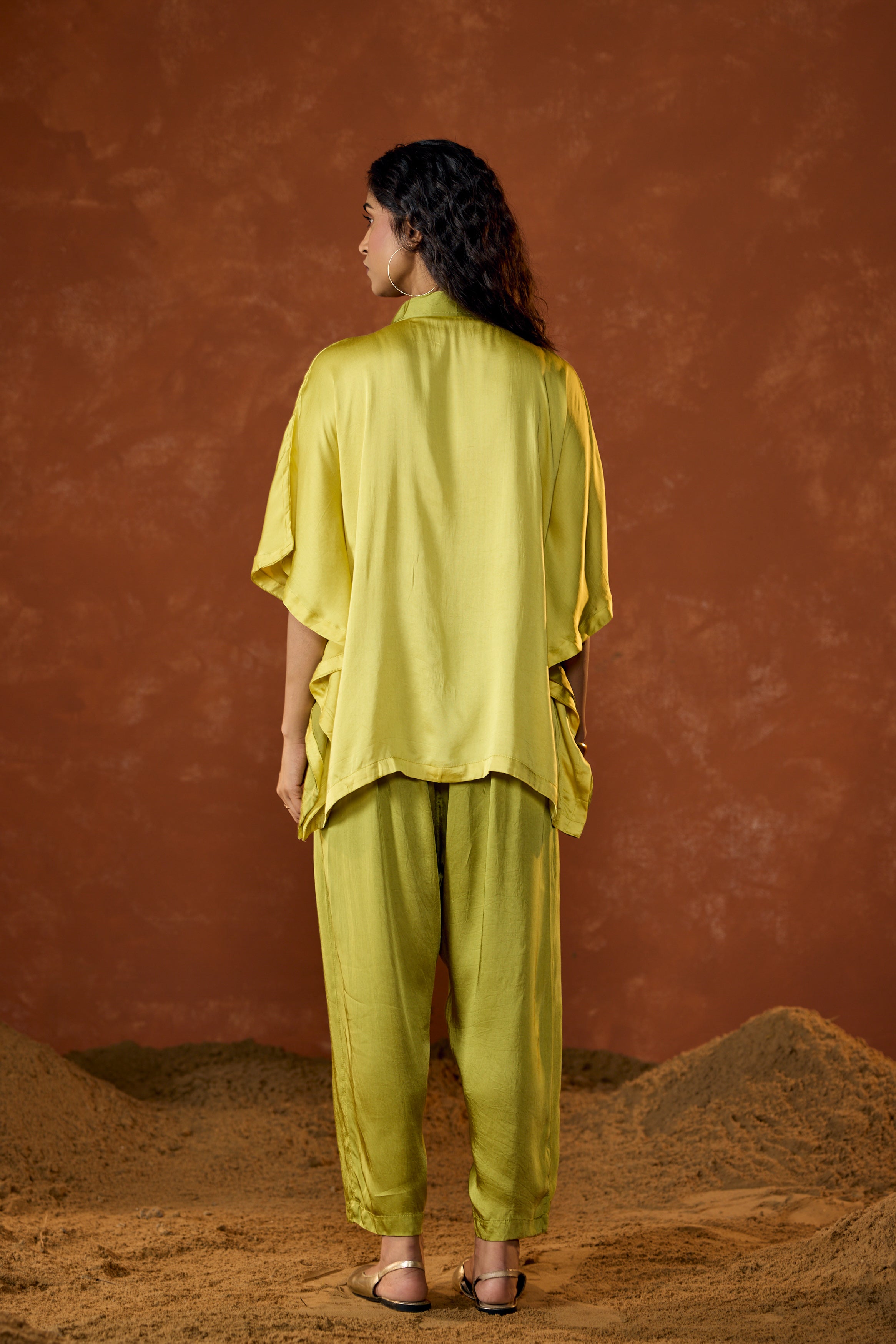 Lime Green Embellished Satin Silk Kaftan Set