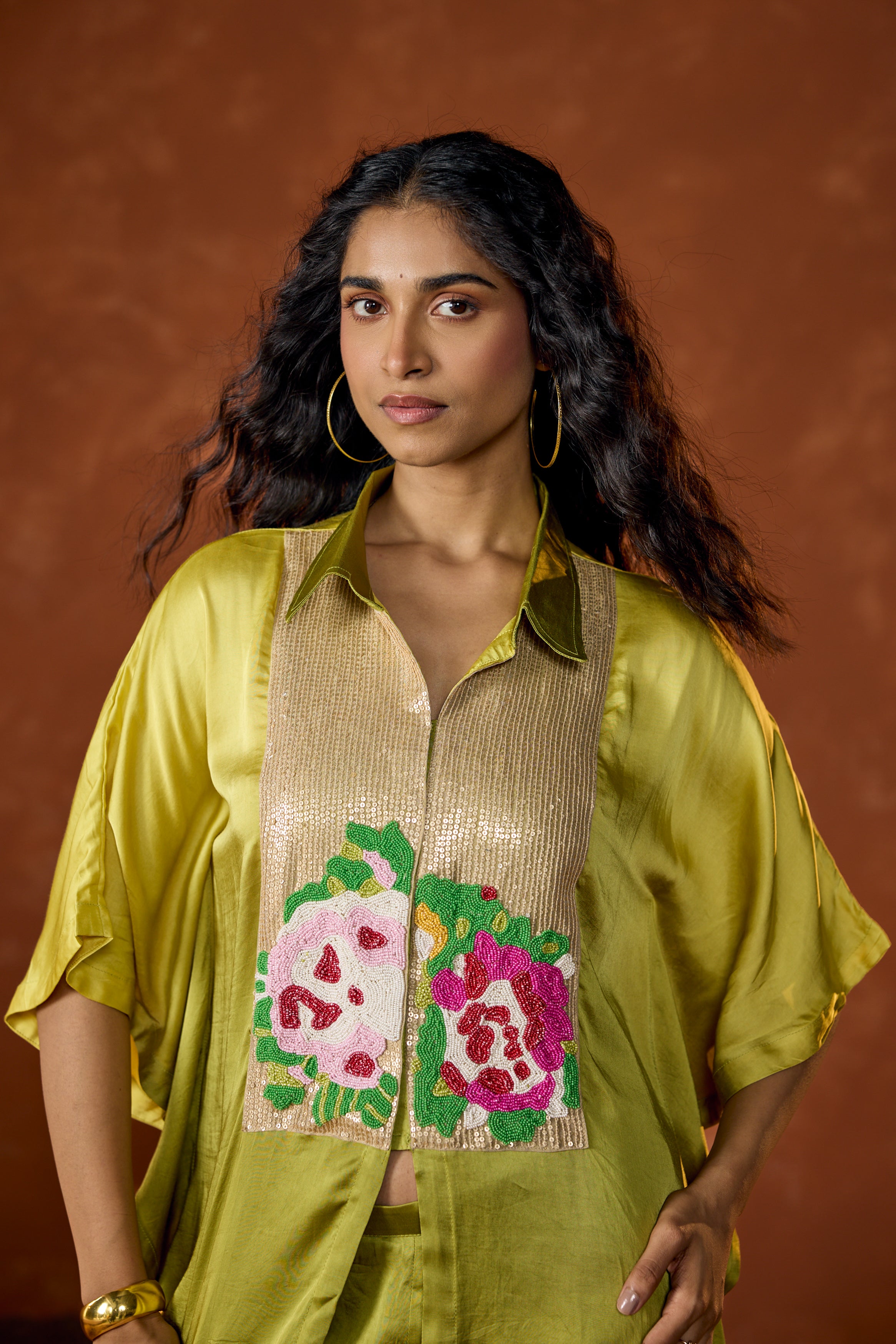 Lime Green Embellished Satin Silk Kaftan Set