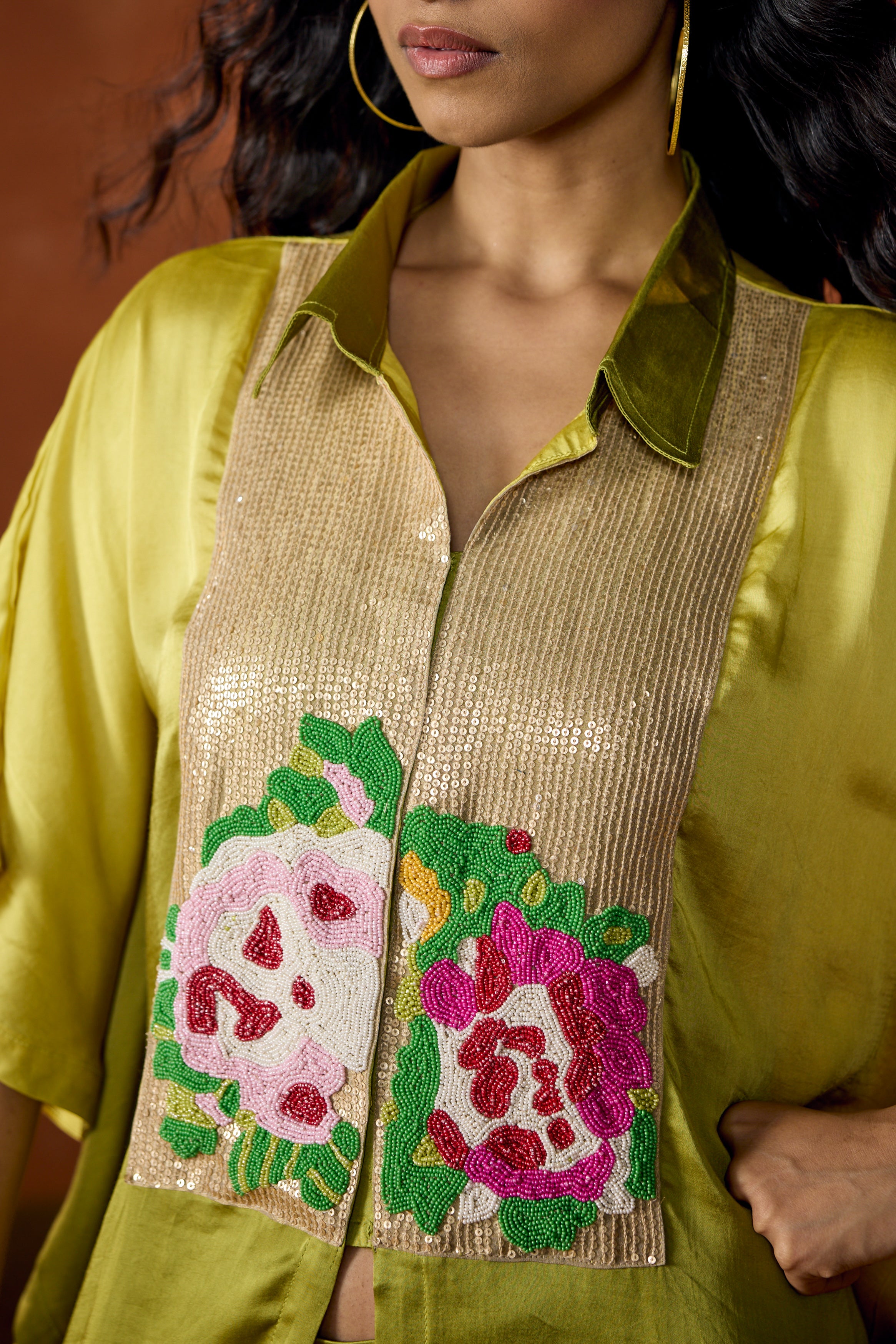 Lime Green Embellished Satin Silk Kaftan Set