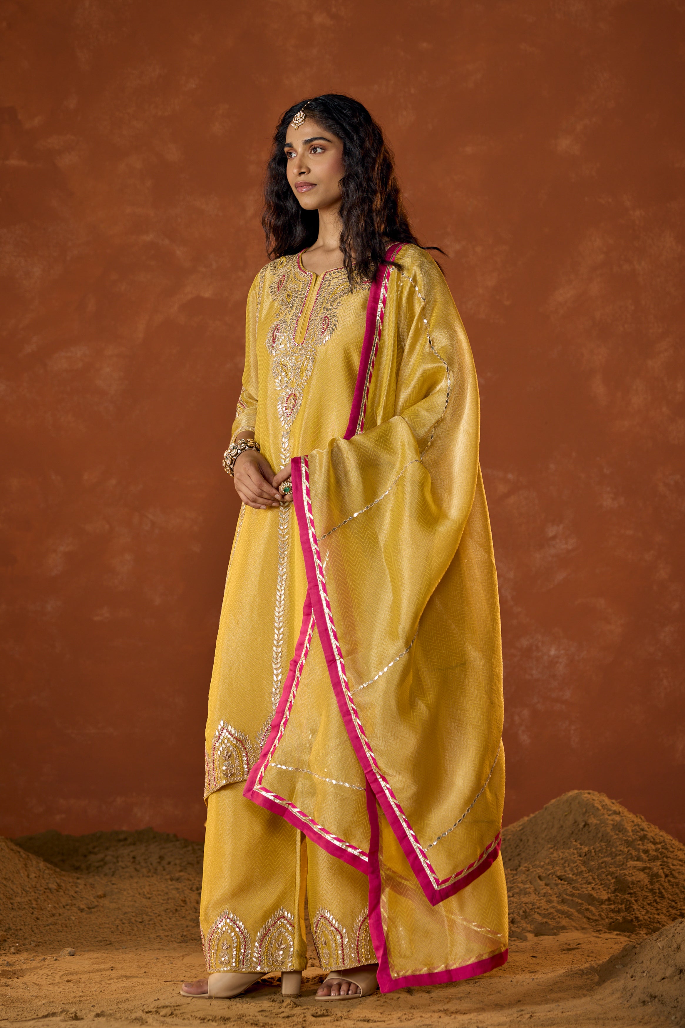 Marigold Yellow Embellished Shimmer Tissue Silk Palazzo Set