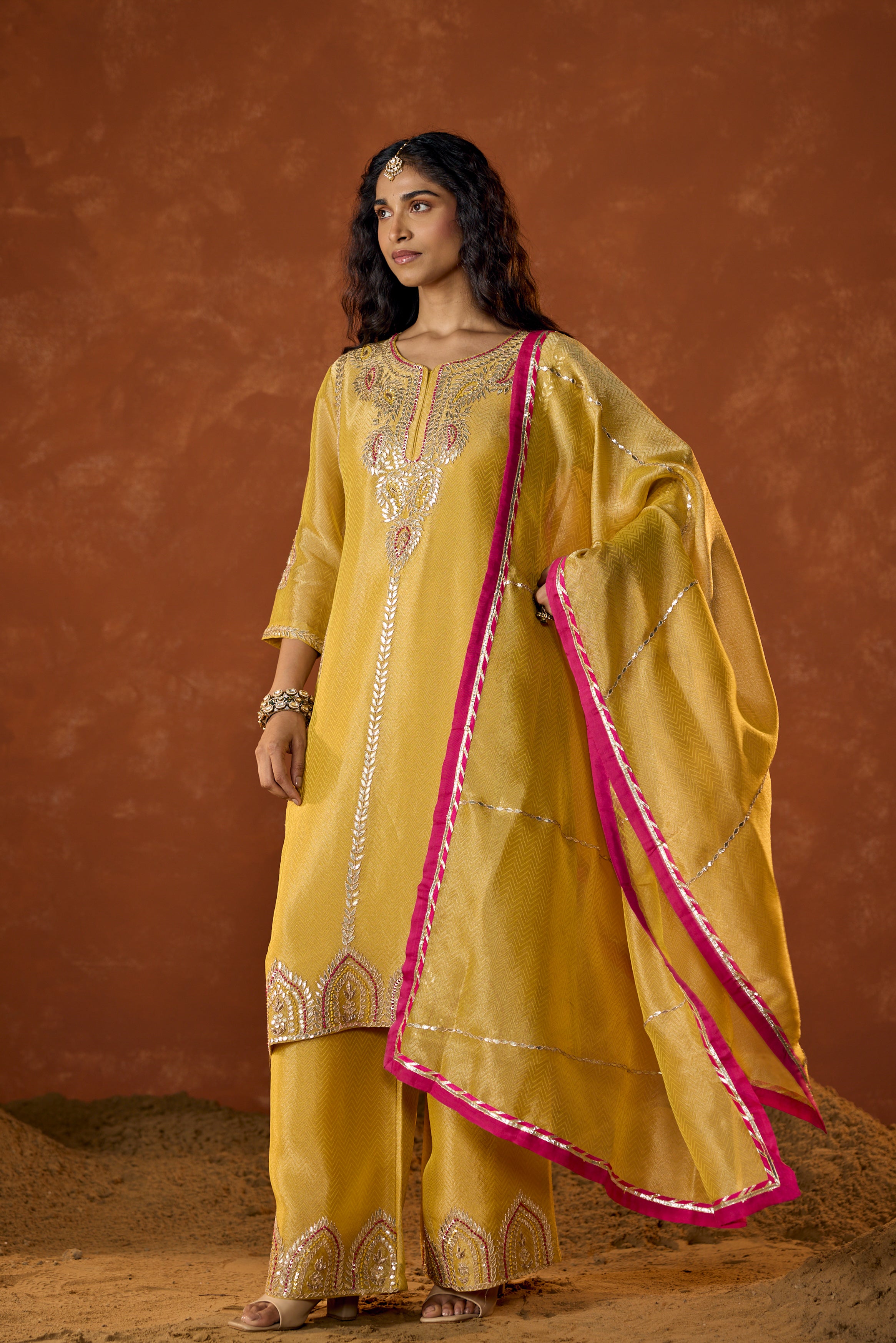Marigold Yellow Embellished Shimmer Tissue Silk Palazzo Set