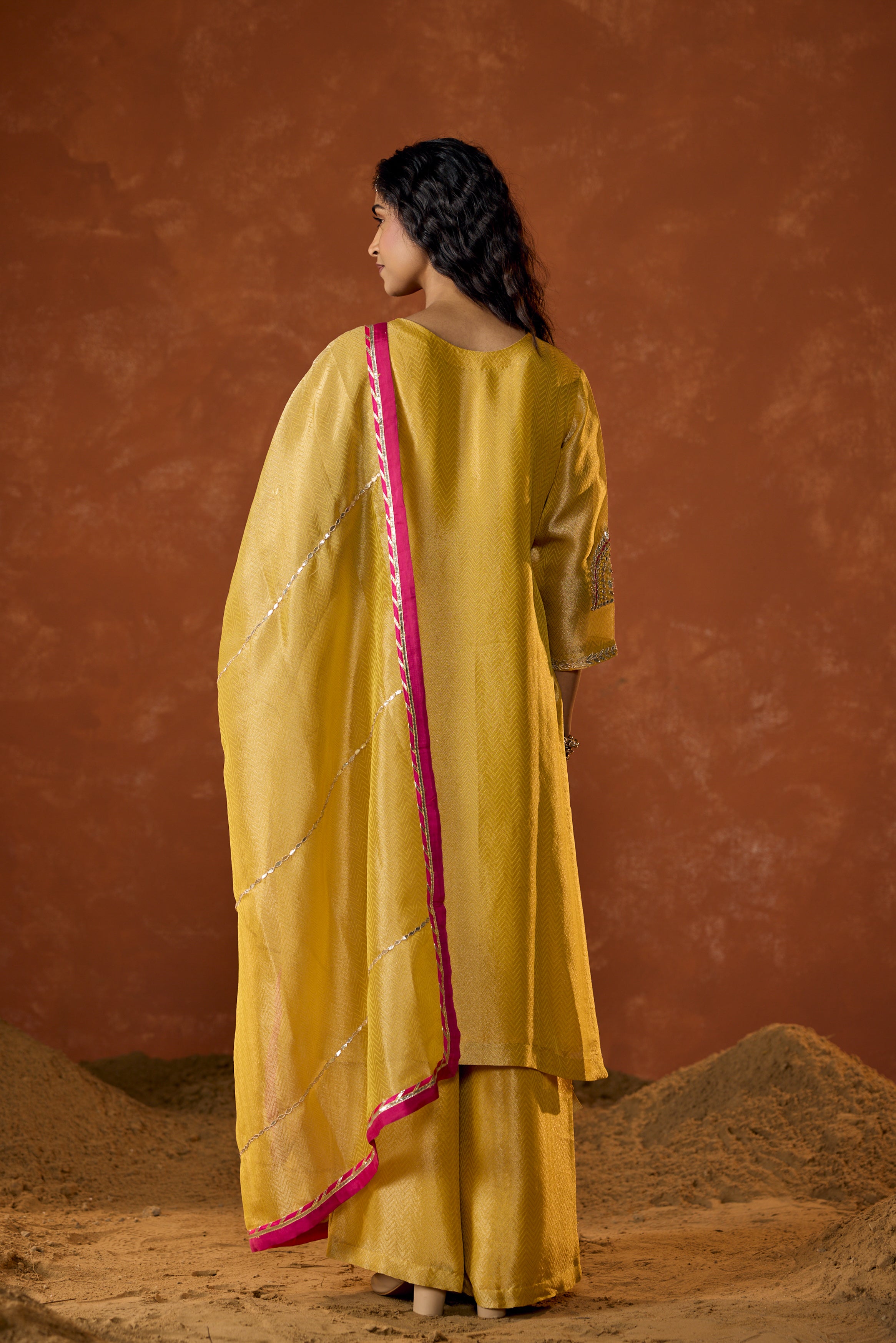 Marigold Yellow Embellished Shimmer Tissue Silk Palazzo Set