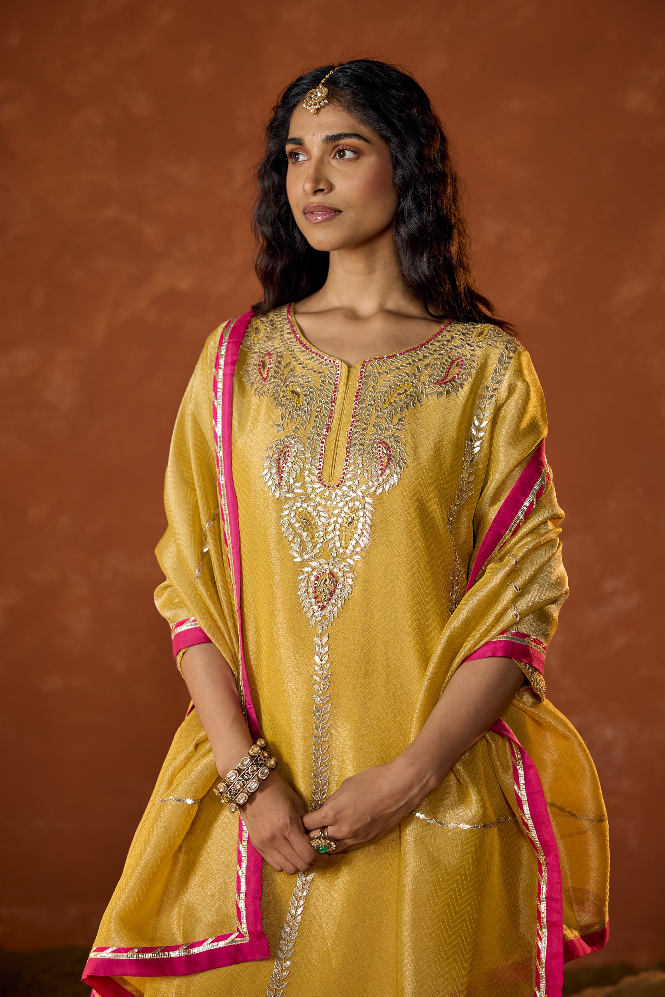 Marigold Yellow Embellished Shimmer Tissue Silk Palazzo Set