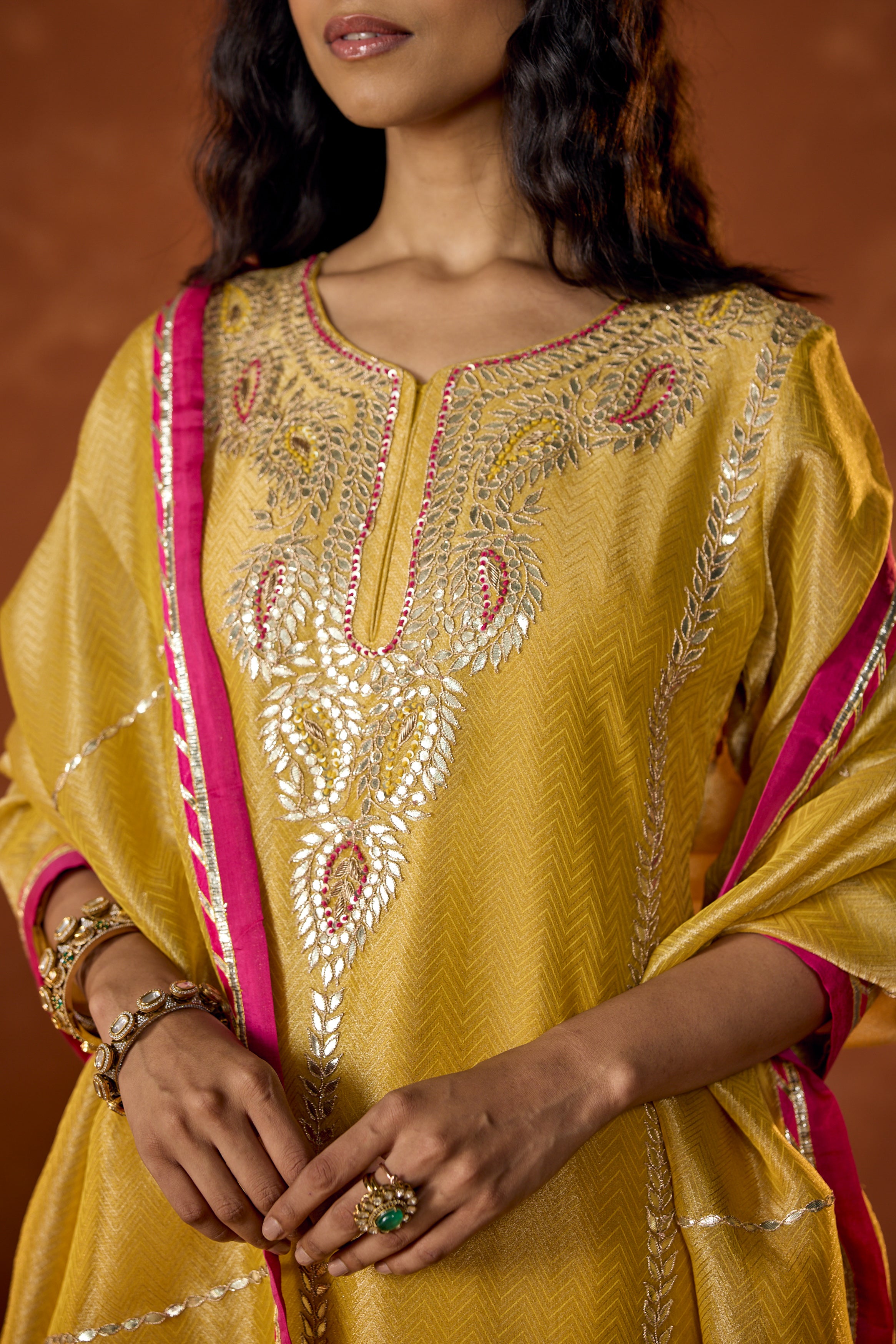 Marigold Yellow Embellished Shimmer Tissue Silk Palazzo Set