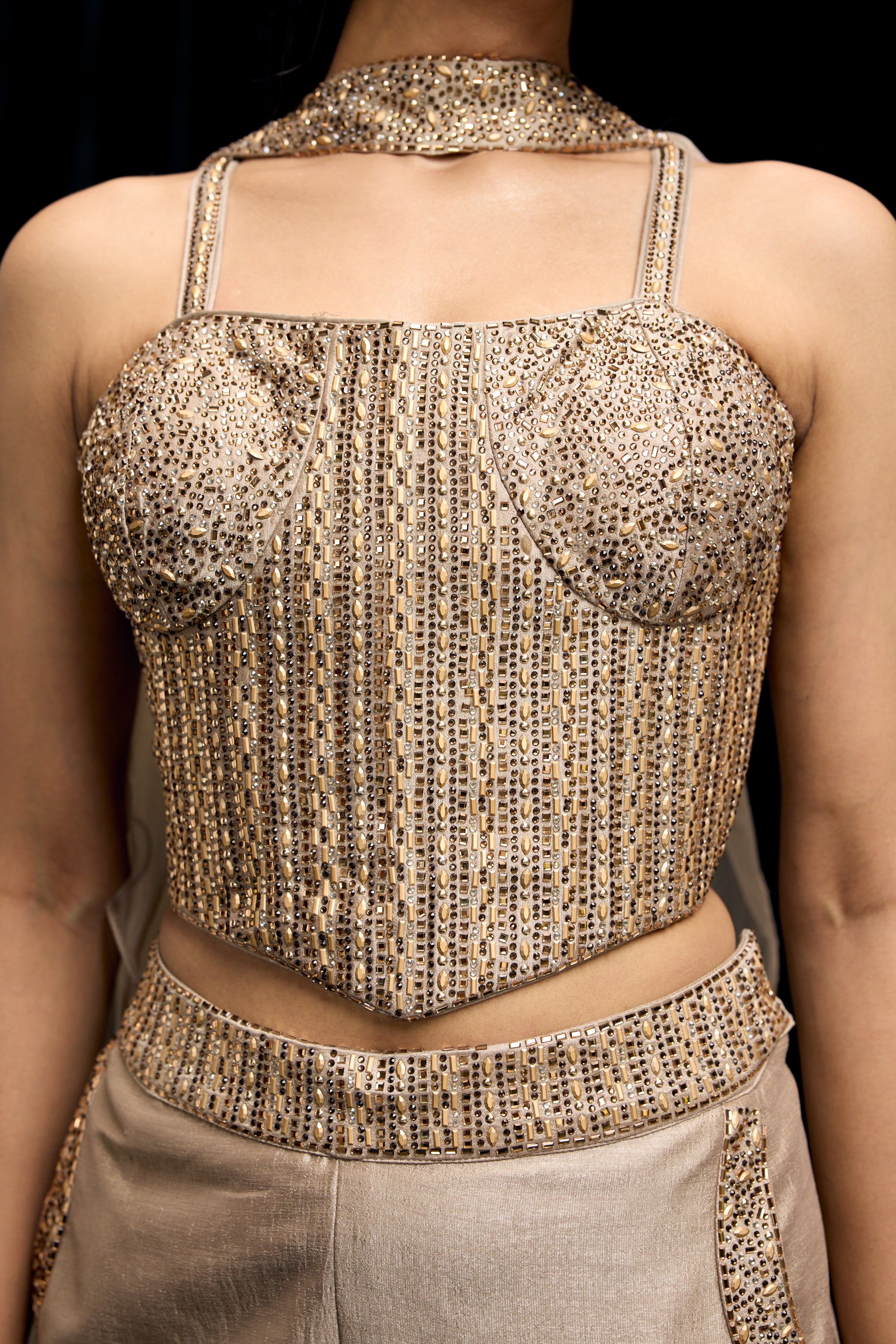 Champagne Gold Embellished Shimmer Tissue Silk Palazzo Set