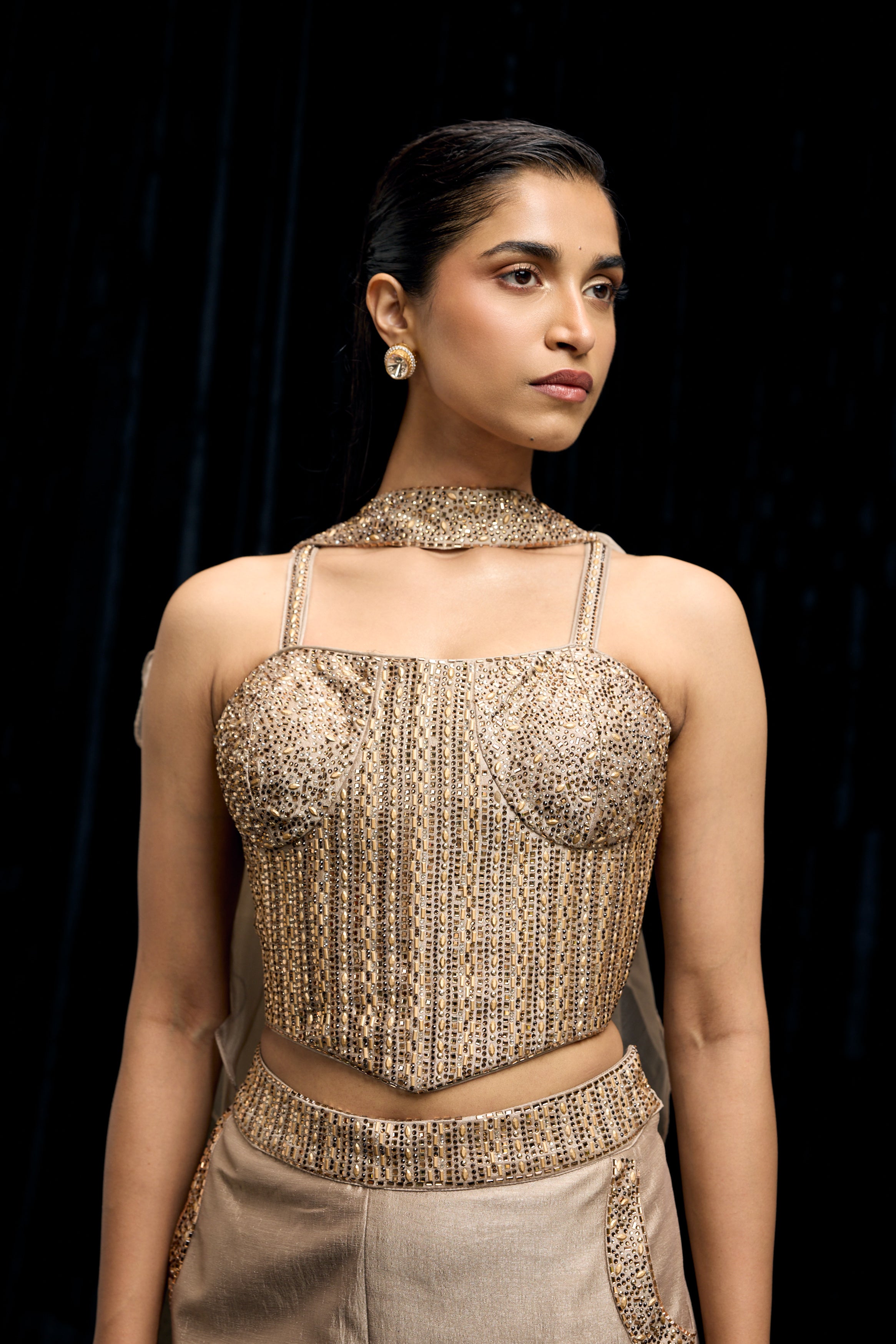 Champagne Gold Embellished Shimmer Tissue Silk Palazzo Set