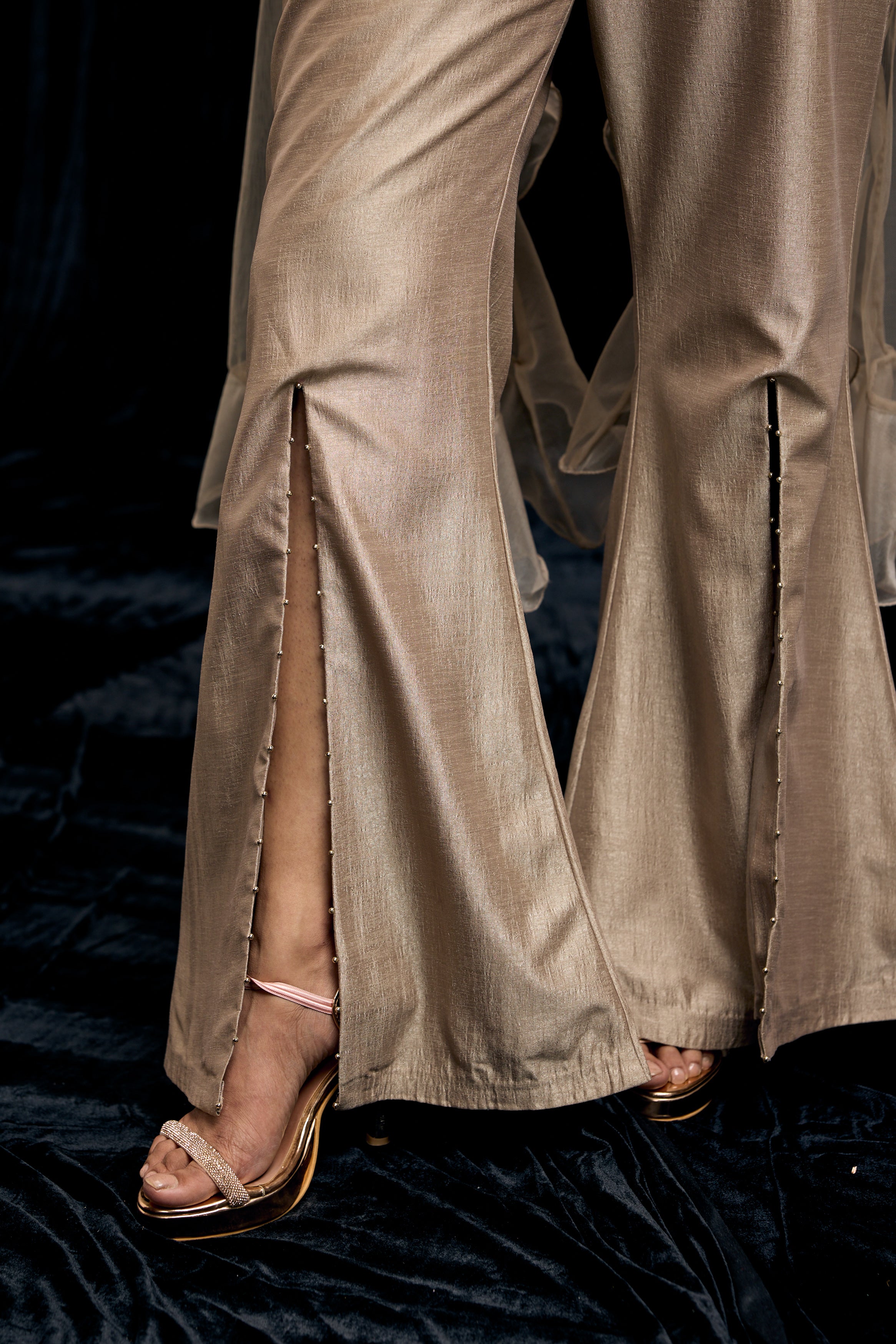 Champagne Gold Embellished Shimmer Tissue Silk Palazzo Set