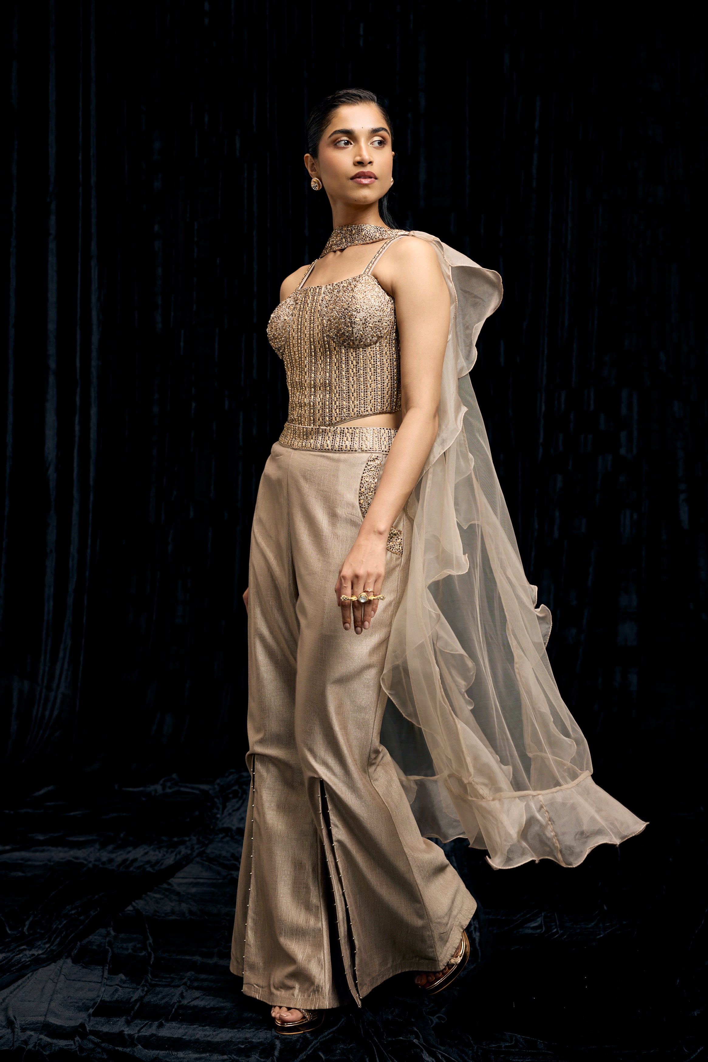 Champagne Gold Embellished Shimmer Tissue Silk Palazzo Set