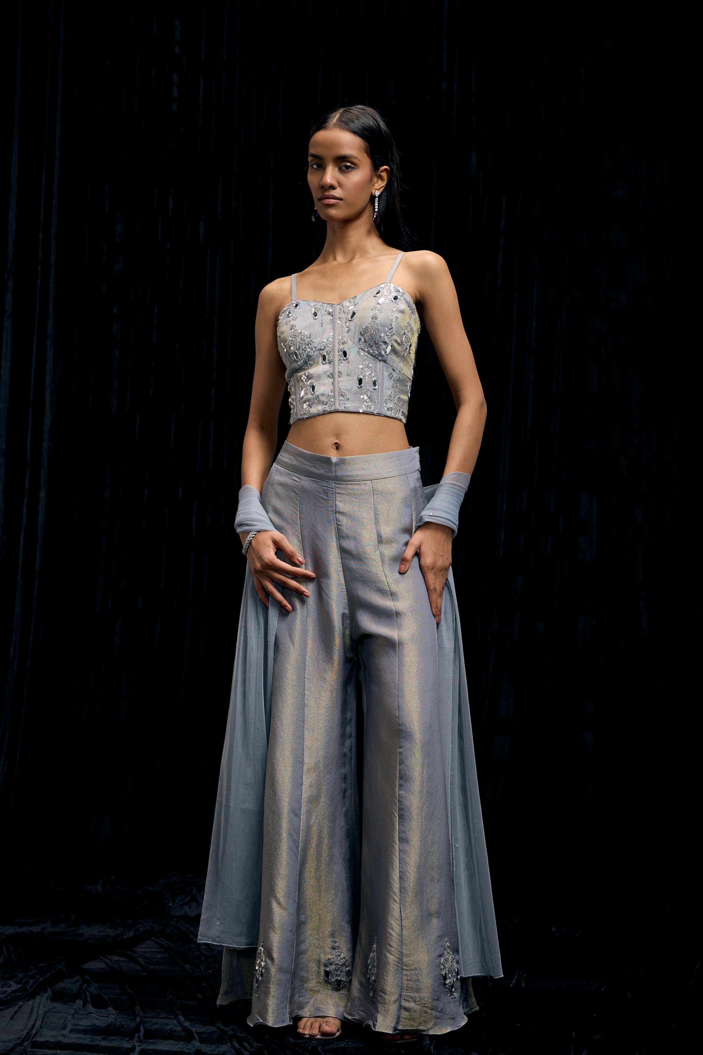 Icy Gray Embellished Shimmer Tissue Silk Palazzo Set