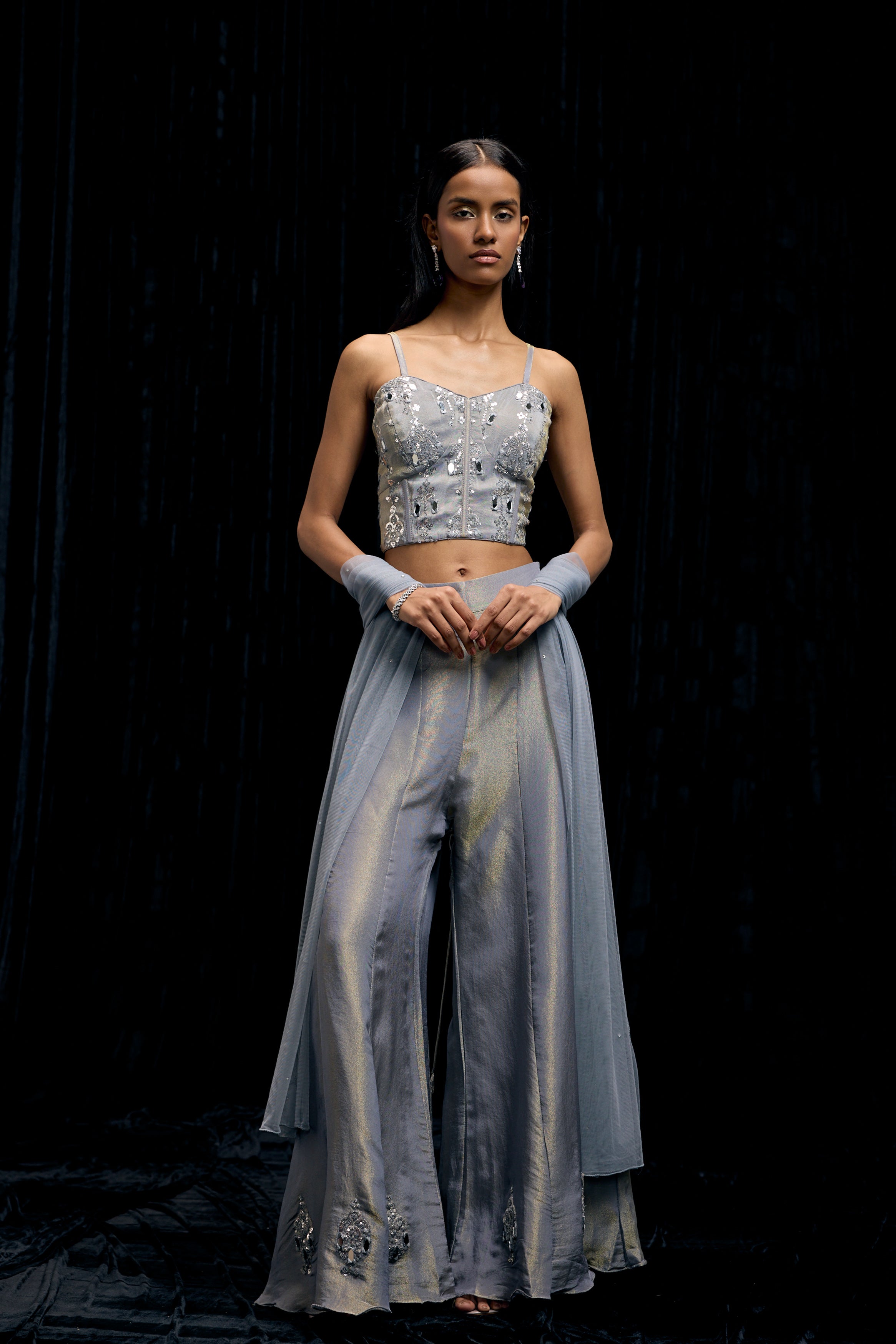 Icy Gray Embellished Shimmer Tissue Silk Palazzo Set