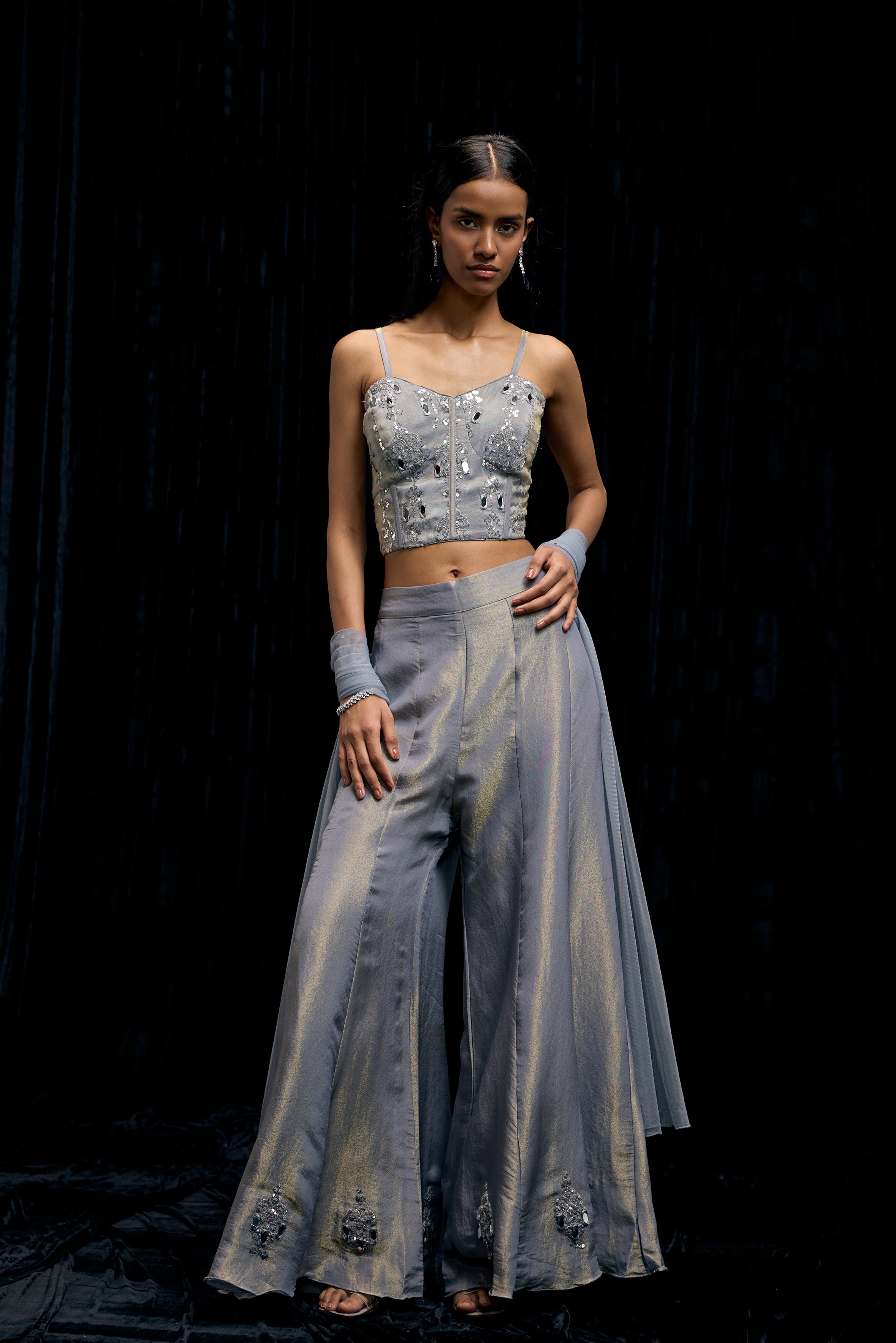 Icy Gray Embellished Shimmer Tissue Silk Palazzo Set