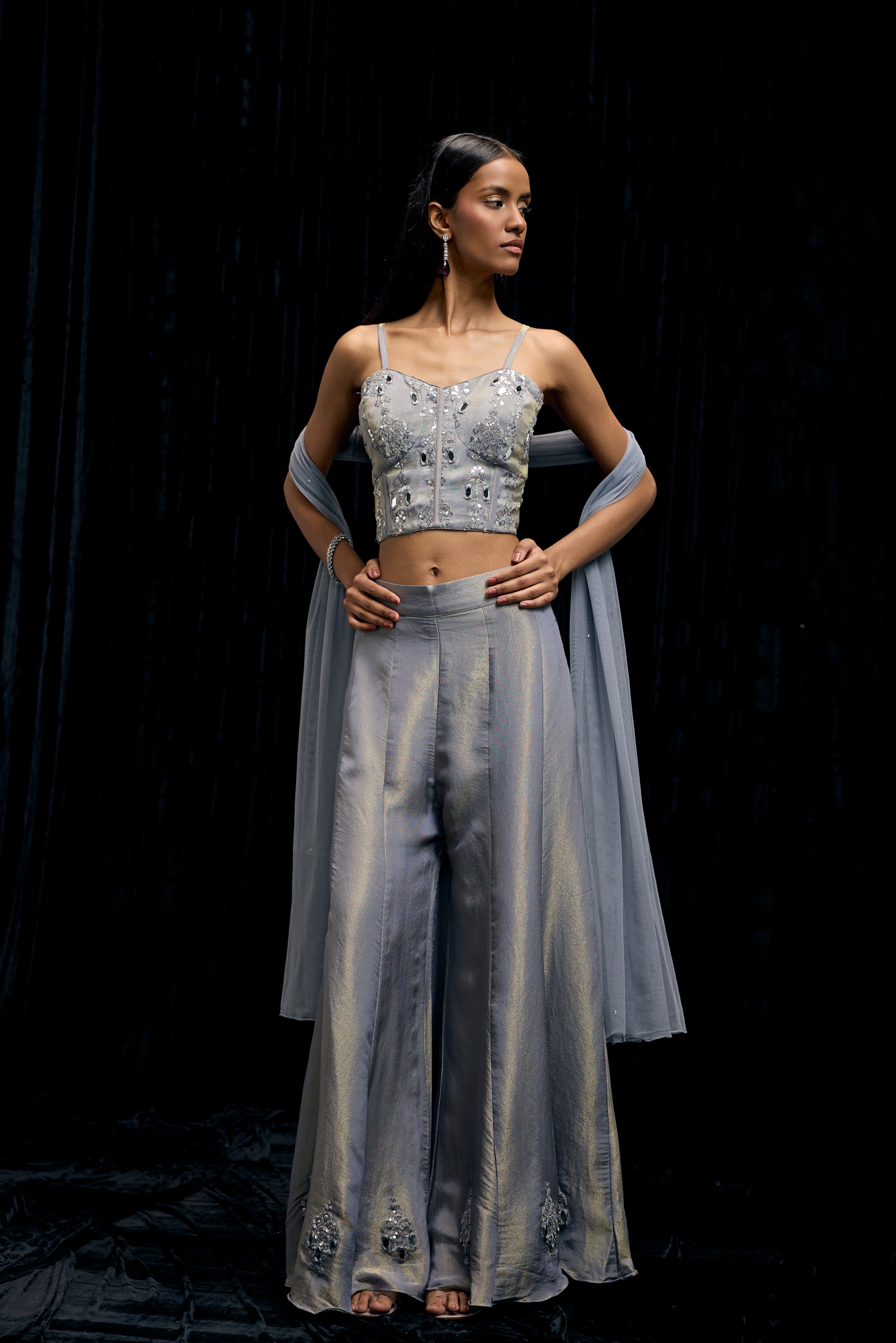 Icy Gray Embellished Shimmer Tissue Silk Palazzo Set