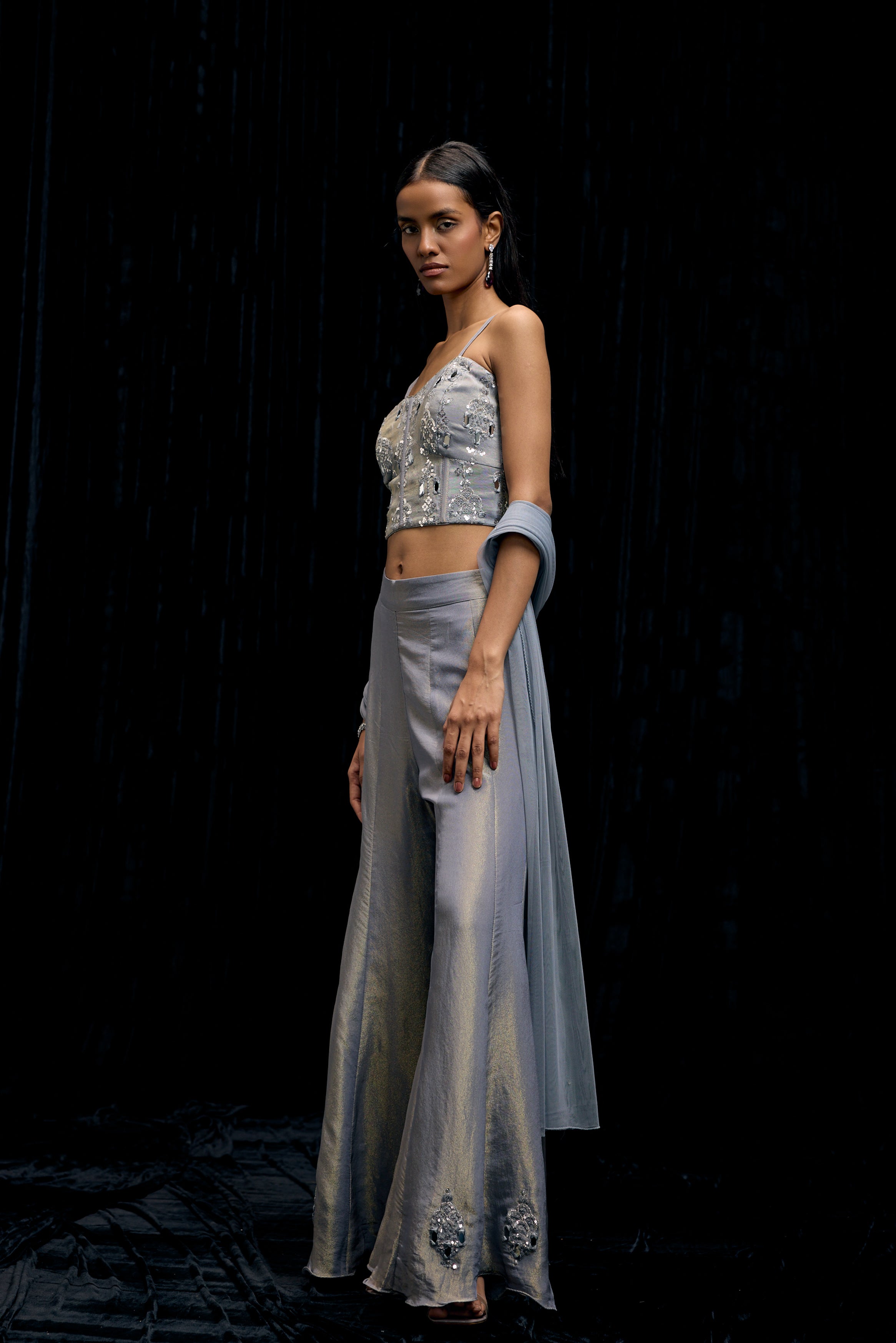 Icy Gray Embellished Shimmer Tissue Silk Palazzo Set