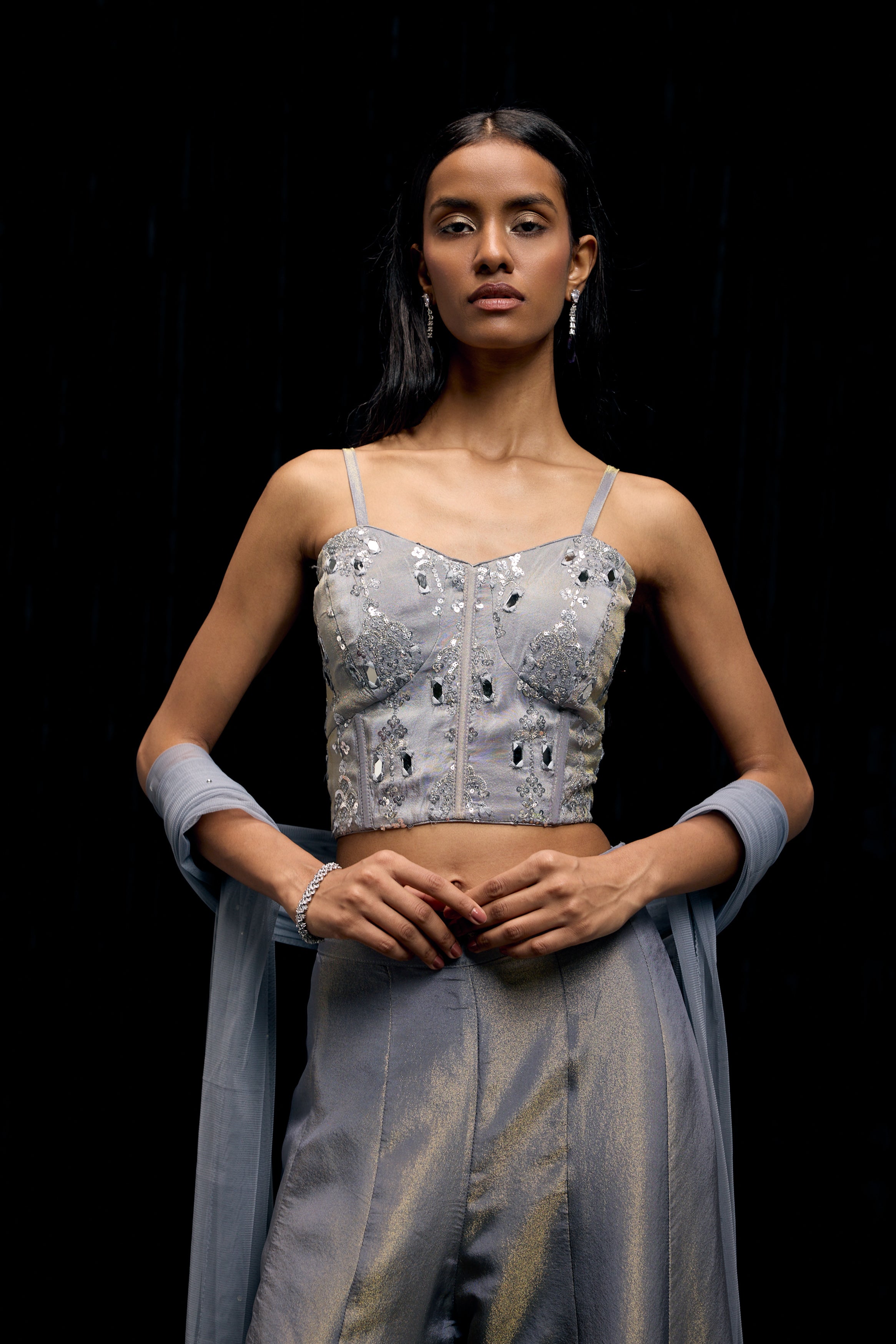 Icy Gray Embellished Shimmer Tissue Silk Palazzo Set