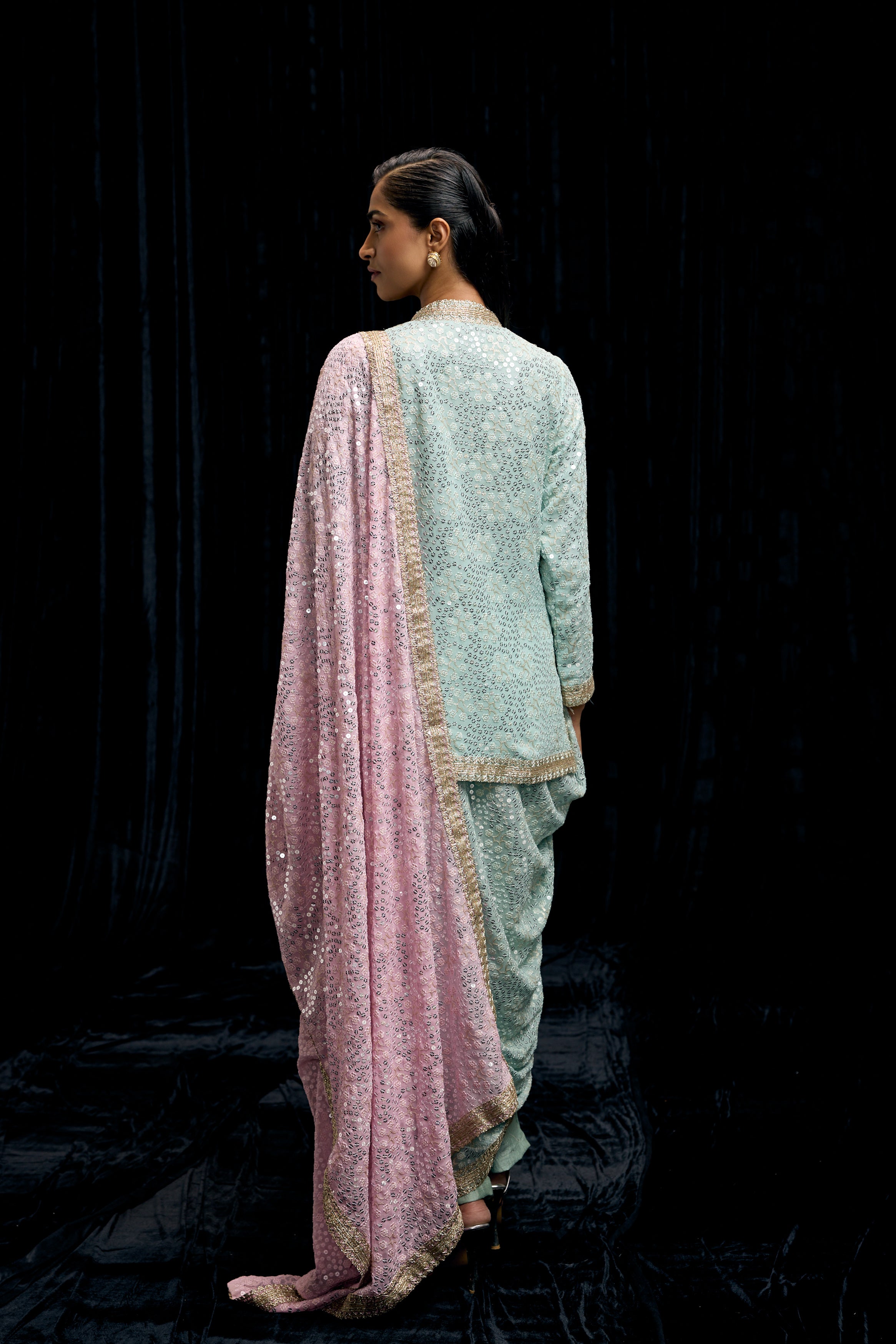 Light Blue Embellished Georgette Silk Drape Skirt Set