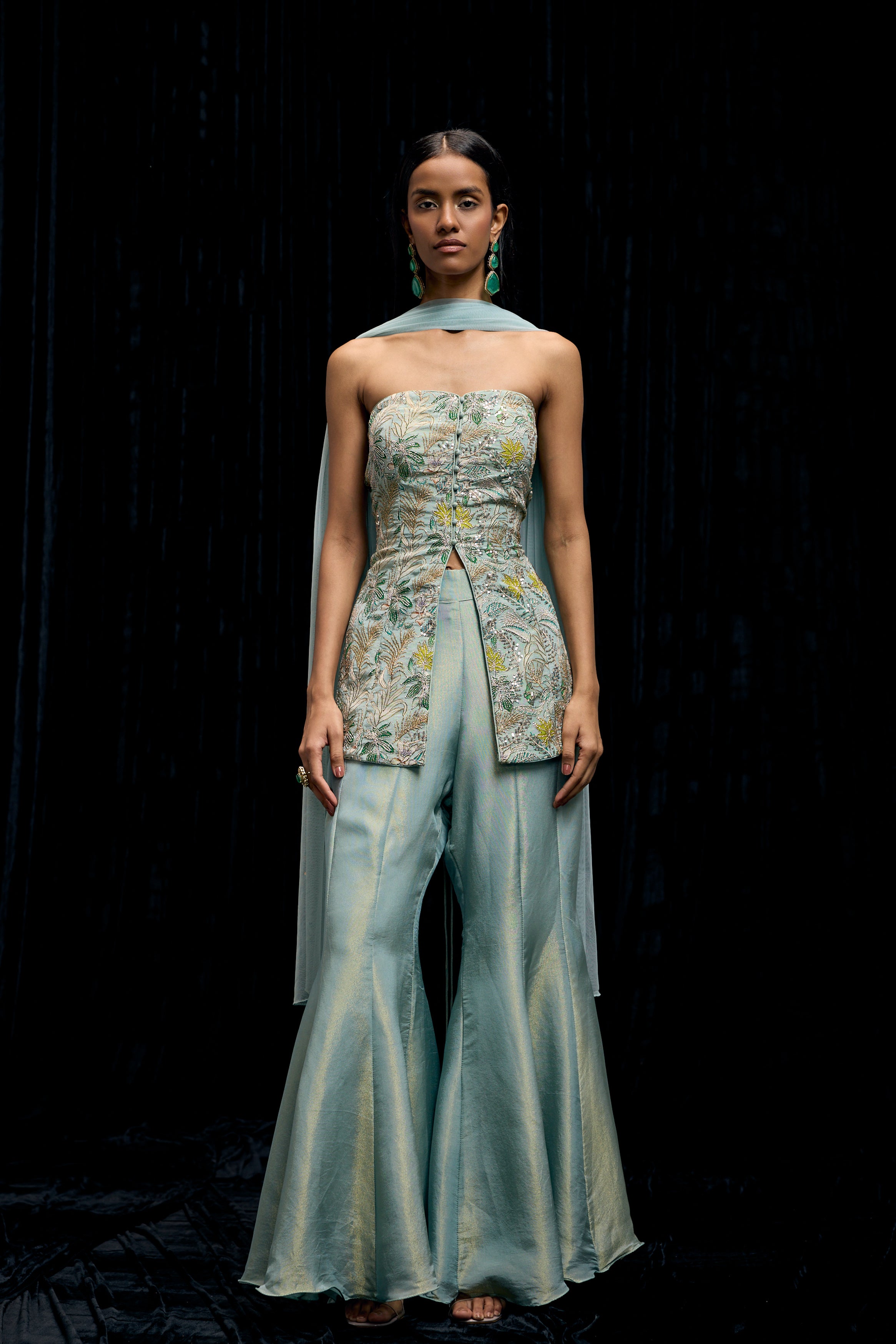 Pastel Blue Embellished Shimmer Tissue Silk Palazzo Set