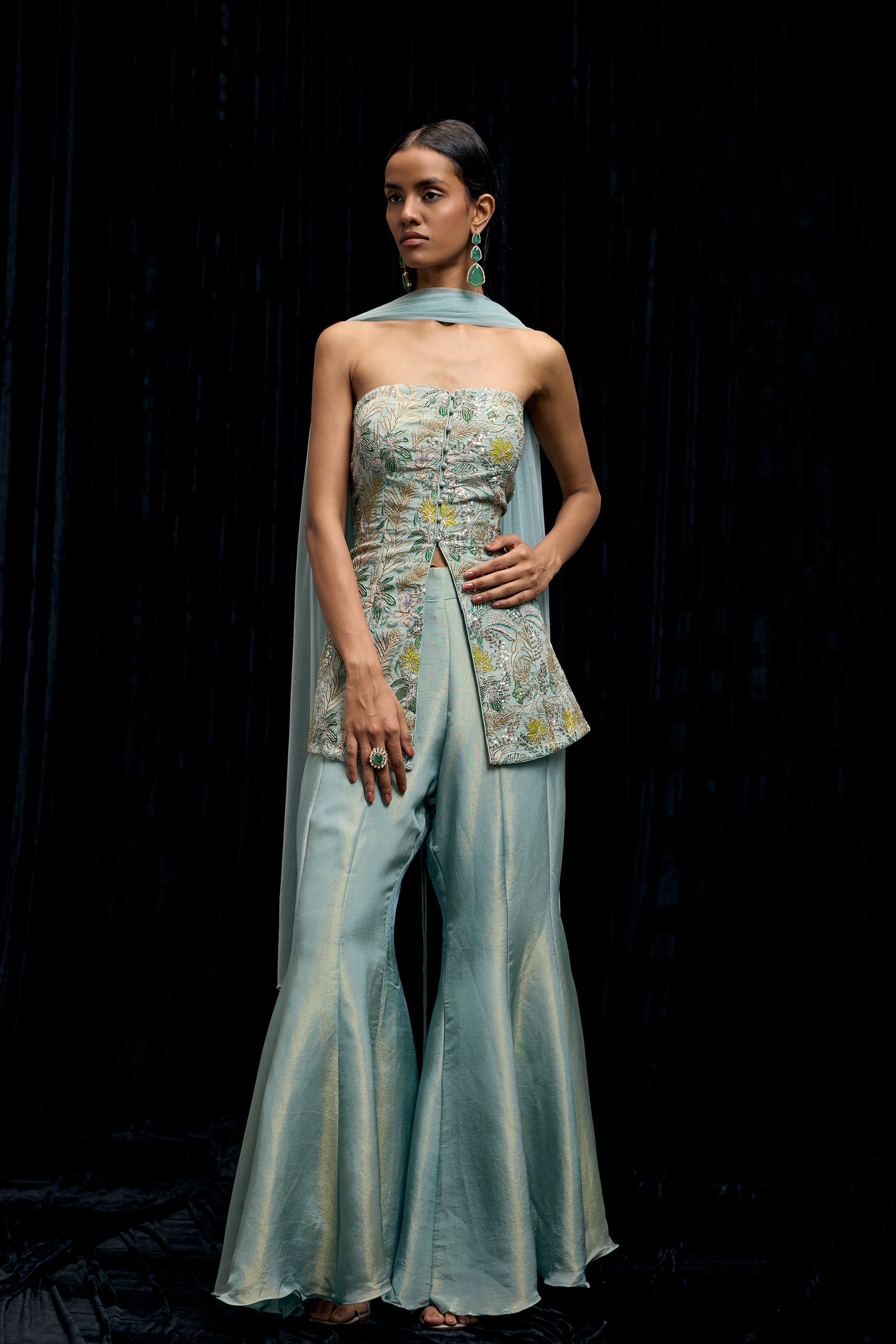 Pastel Green Embellished Shimmer Tissue Silk Palazzo Set