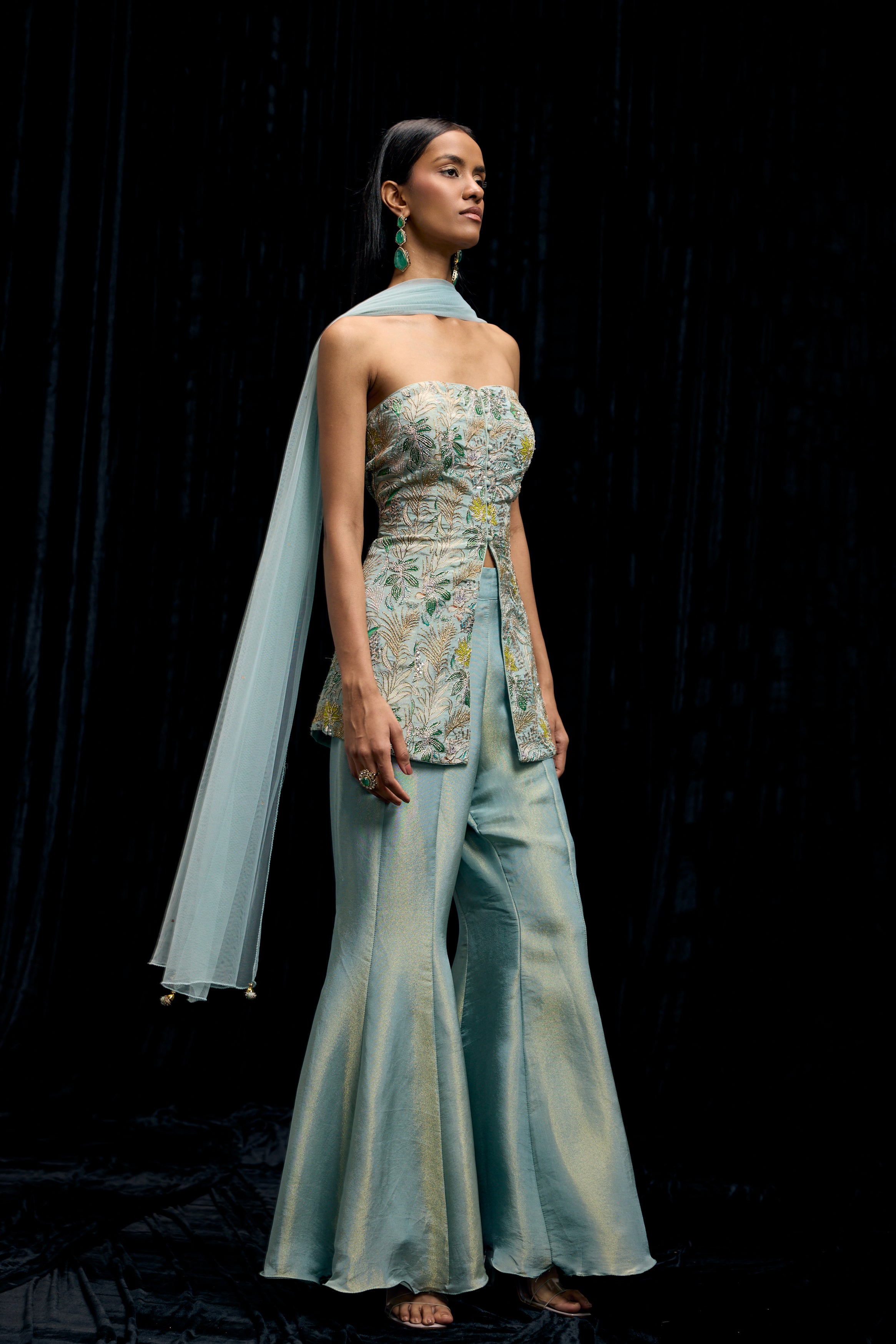 Pastel Blue Embellished Shimmer Tissue Silk Palazzo Set