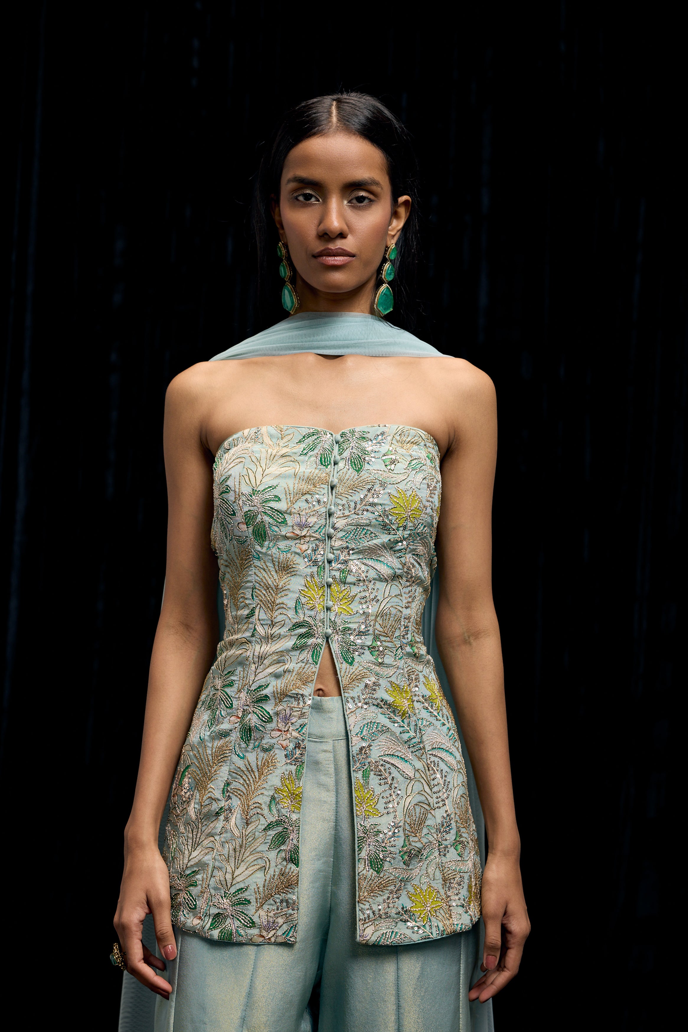 Pastel Green Embellished Shimmer Tissue Silk Palazzo Set