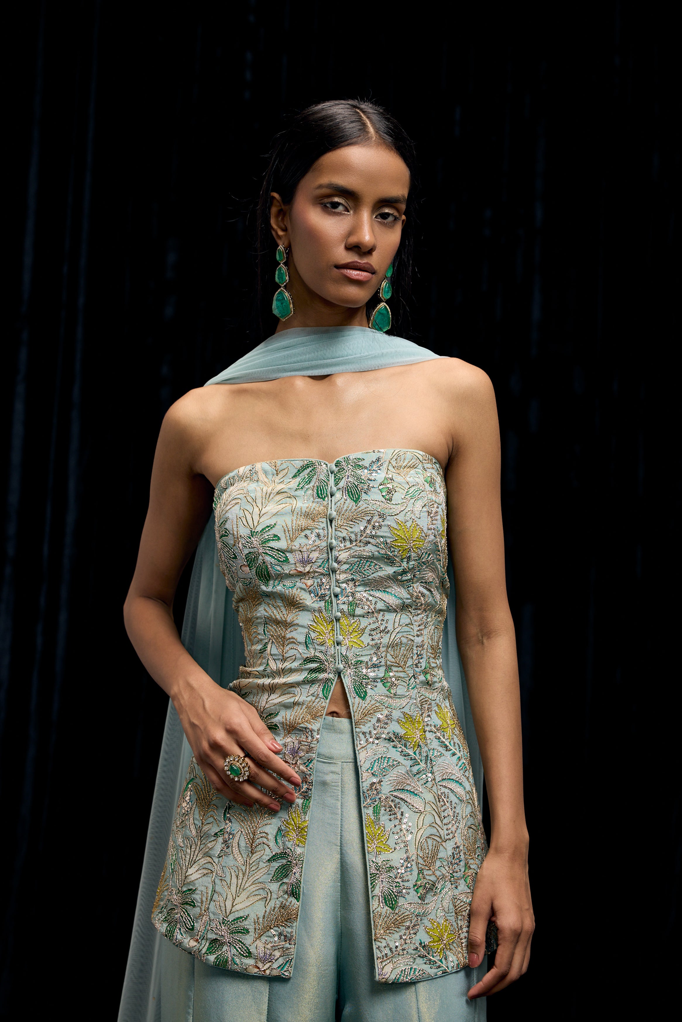 Pastel Blue Embellished Shimmer Tissue Silk Palazzo Set