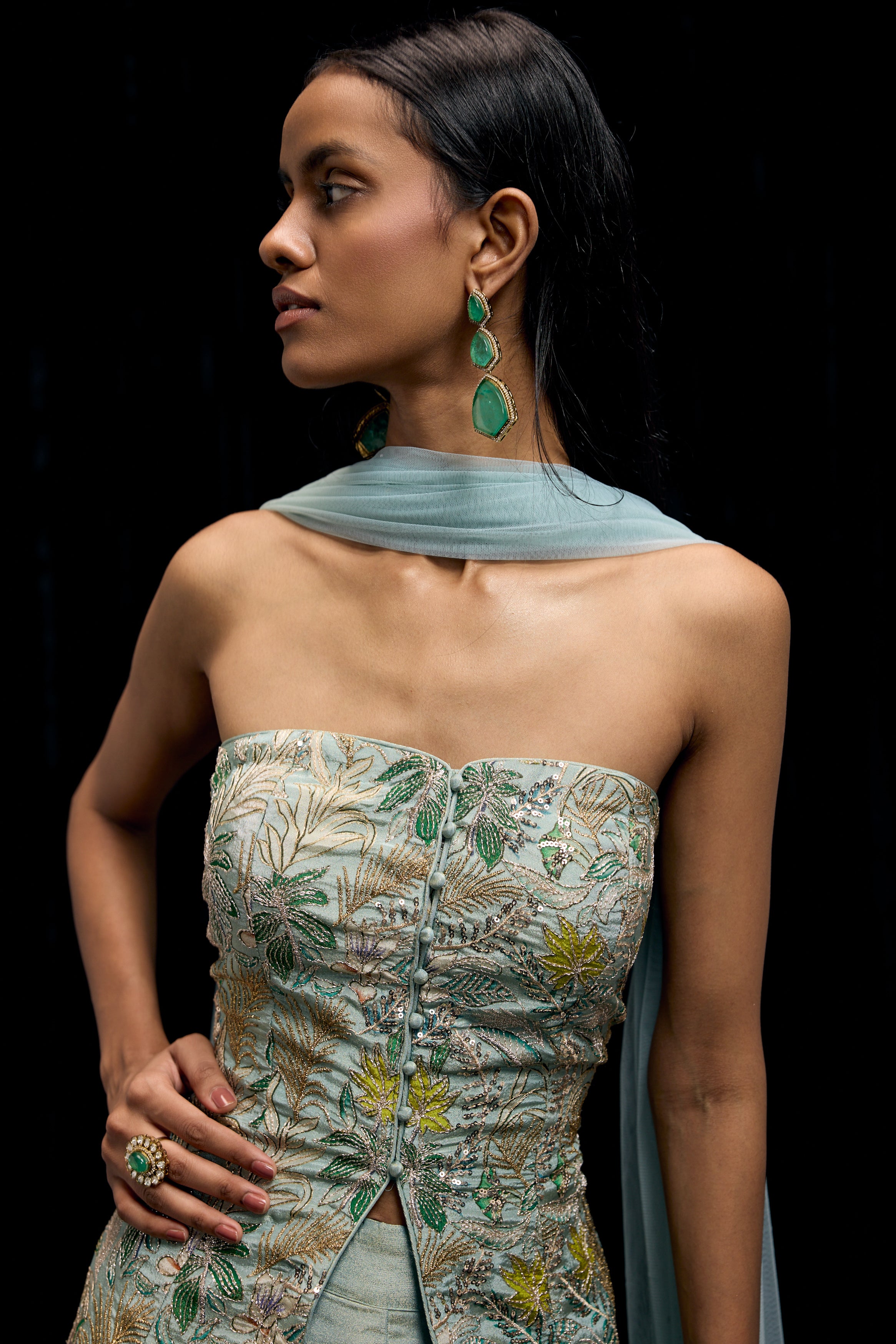 Pastel Green Embellished Shimmer Tissue Silk Palazzo Set