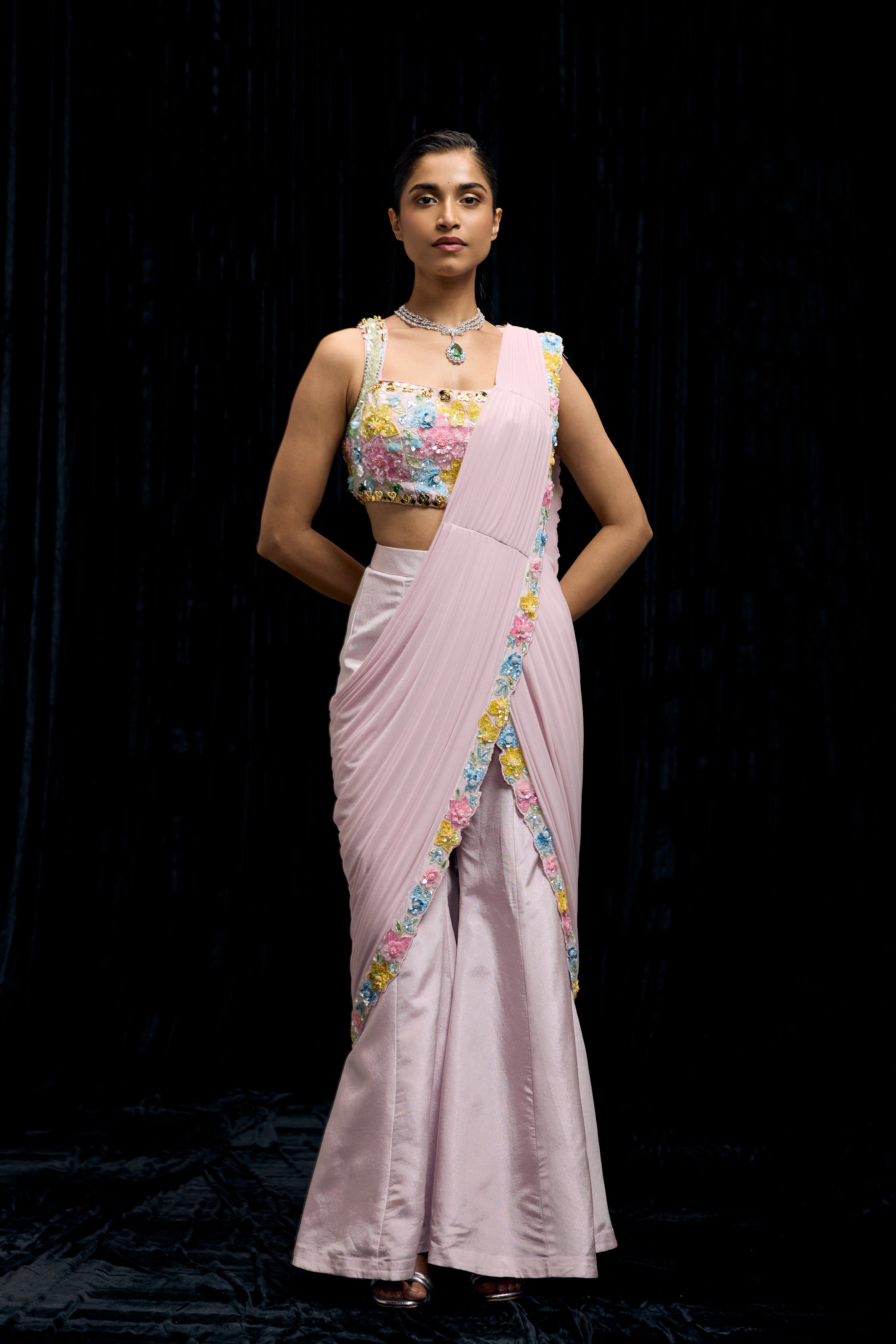 Lilac Pink Embellished Shimmer Tissue Silk Draped Palazzo Set