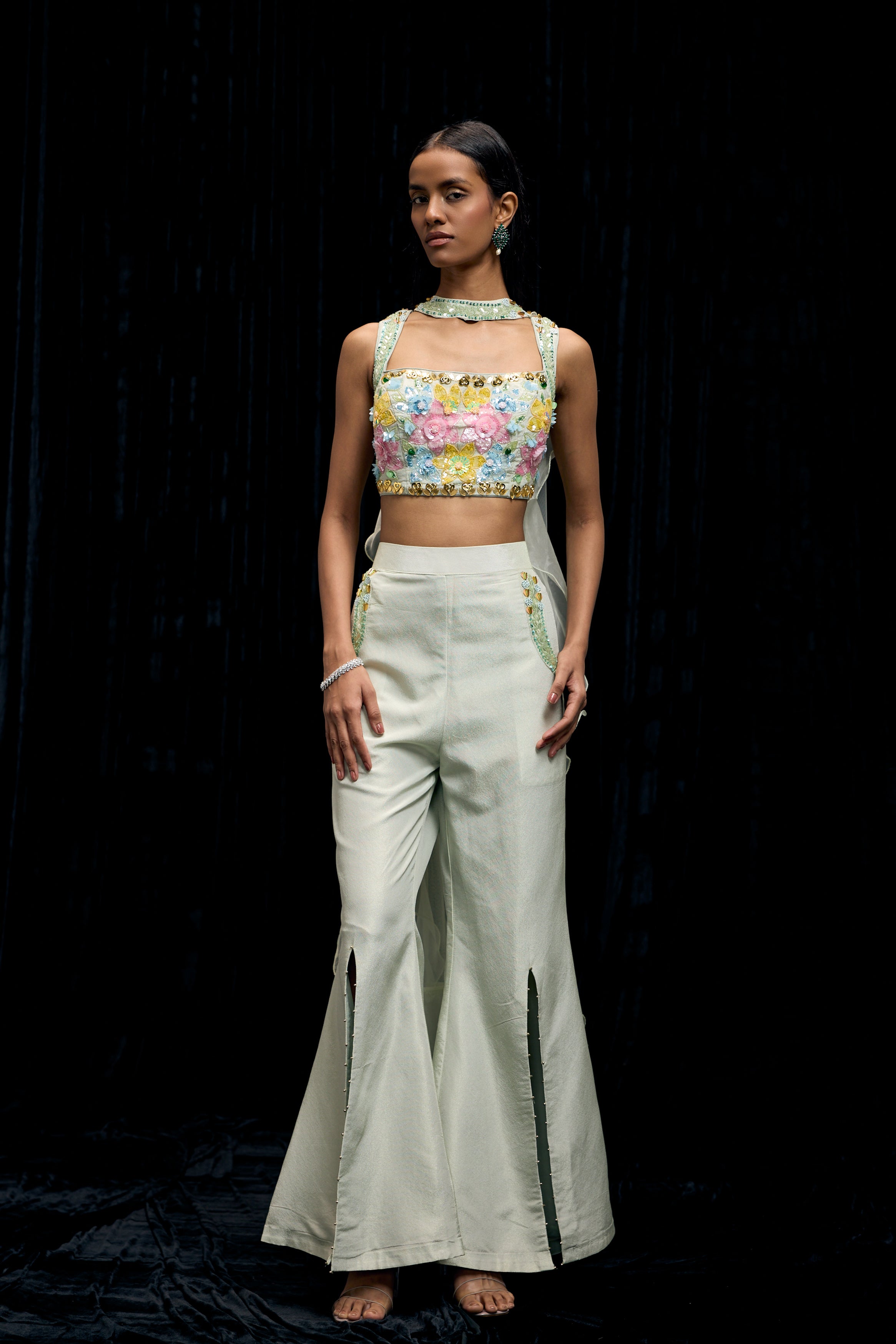 Mint Green Embellished Shimmer Tissue Silk Palazzo Set