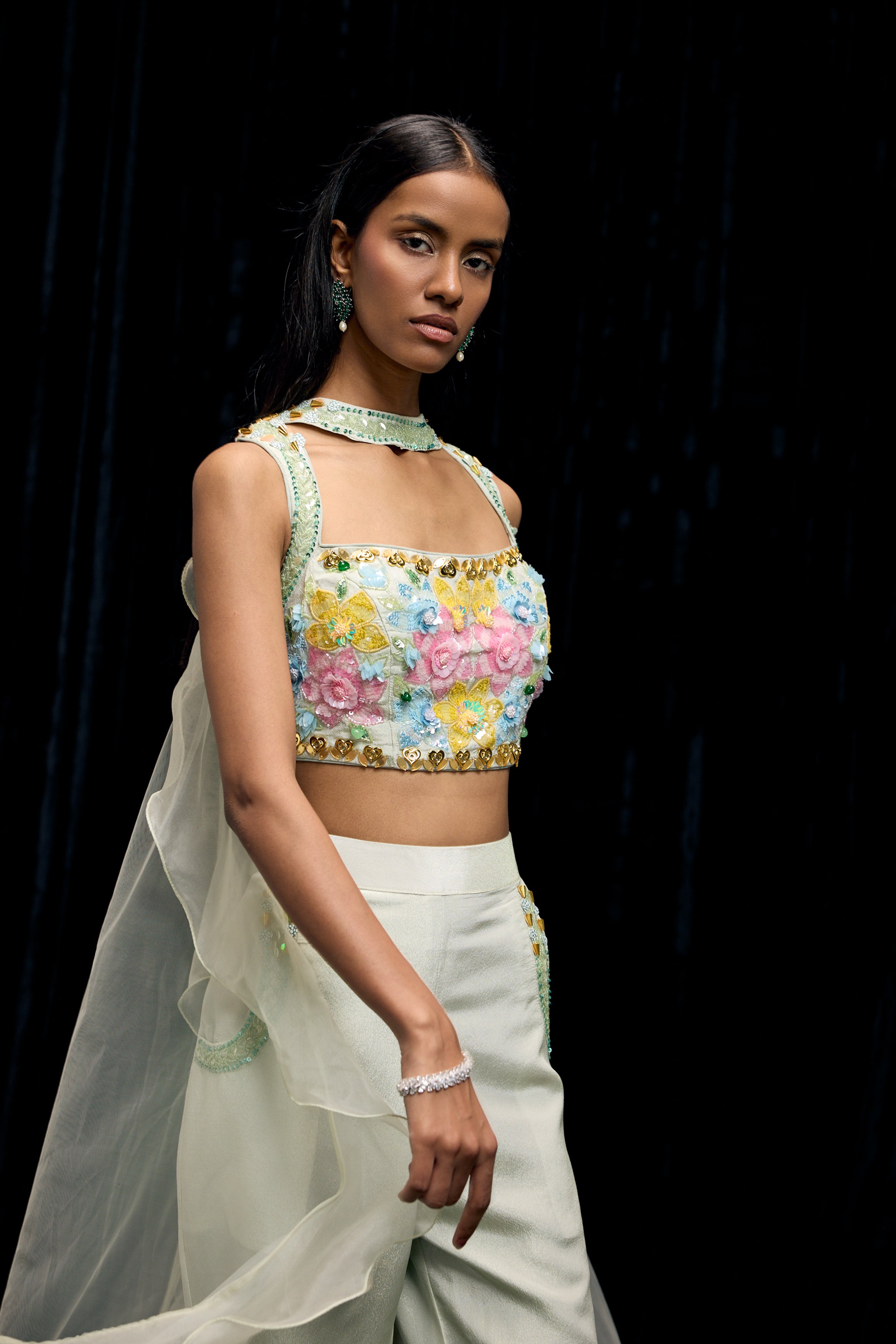 Mint Green Embellished Shimmer Tissue Silk Palazzo Set