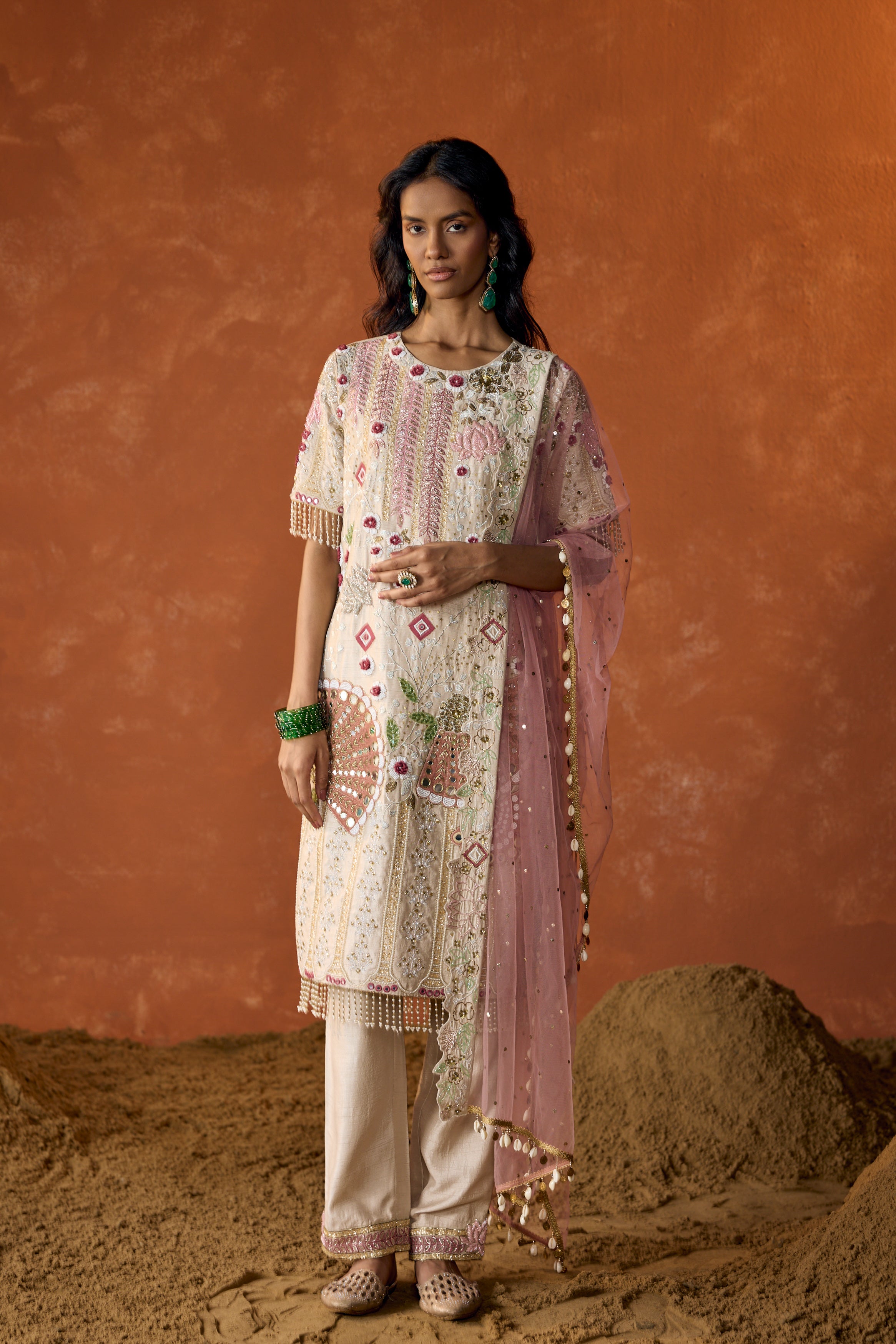 Off-White Embellished Raw Silk Pant Set