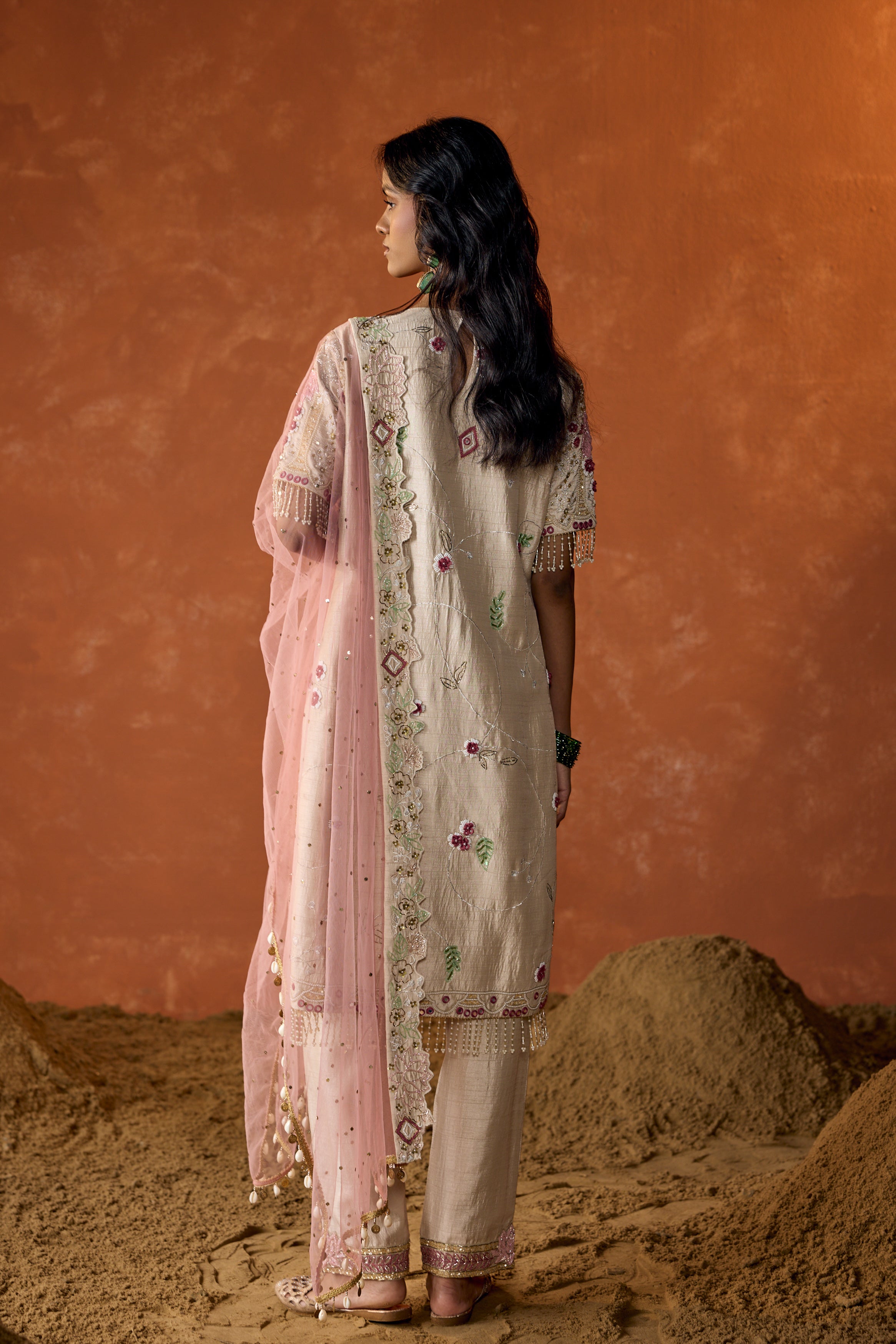 Off-White Embellished Raw Silk Pant Set