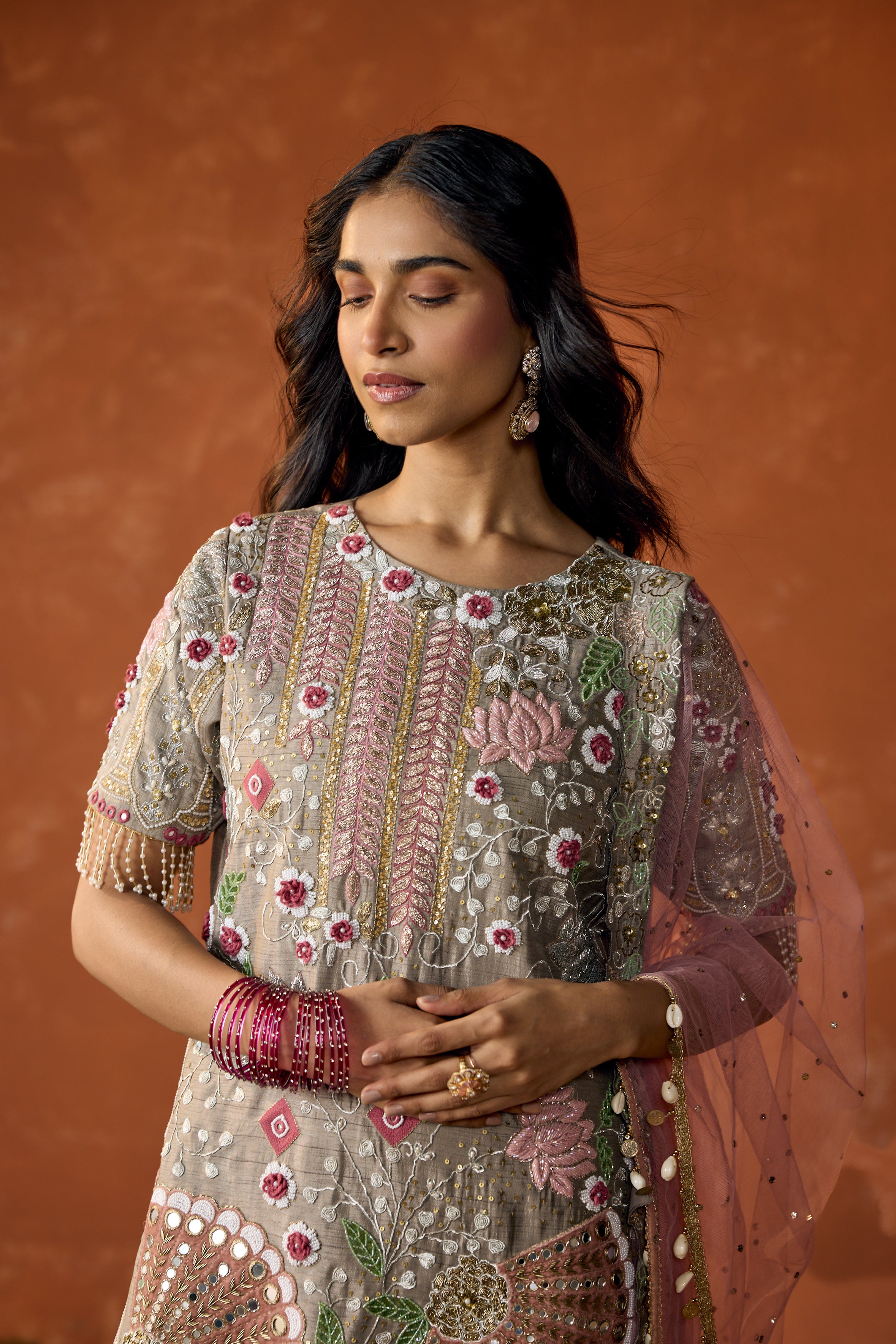 Light Grey Embellished Raw Silk Pant Set