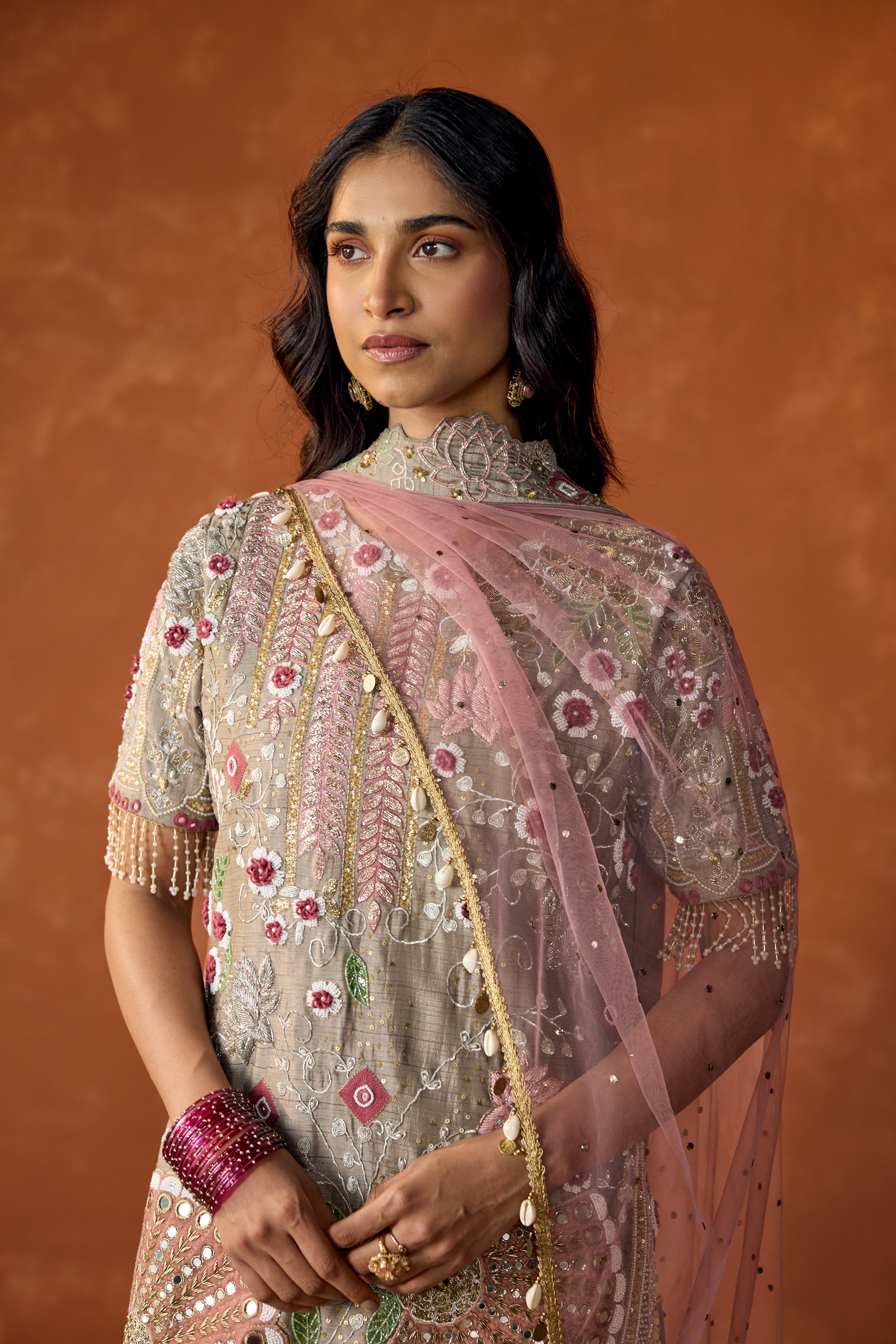 Light Grey Embellished Raw Silk Pant Set