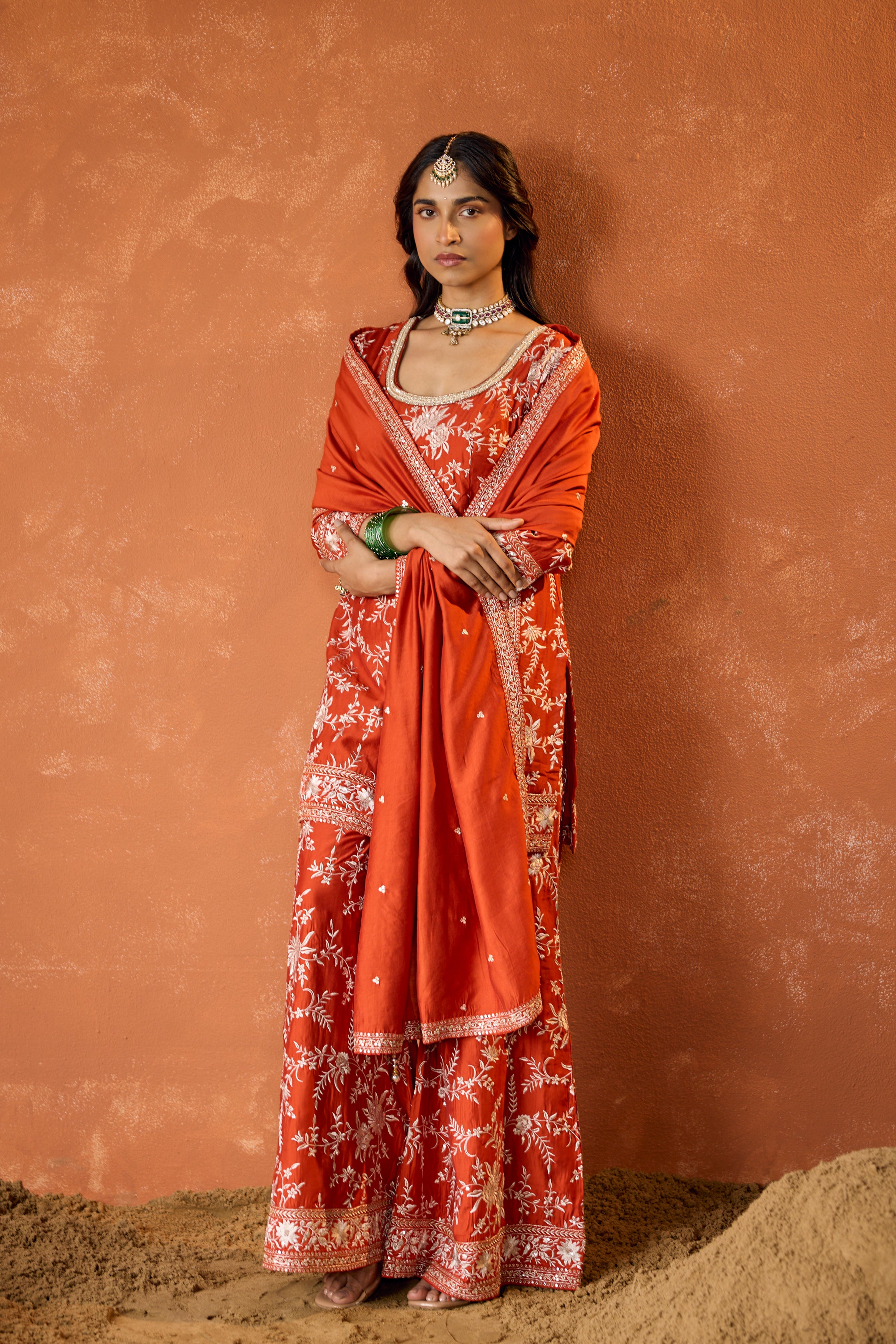 Terracotta Rust Embroidered Uppada Silk Palazzo Set