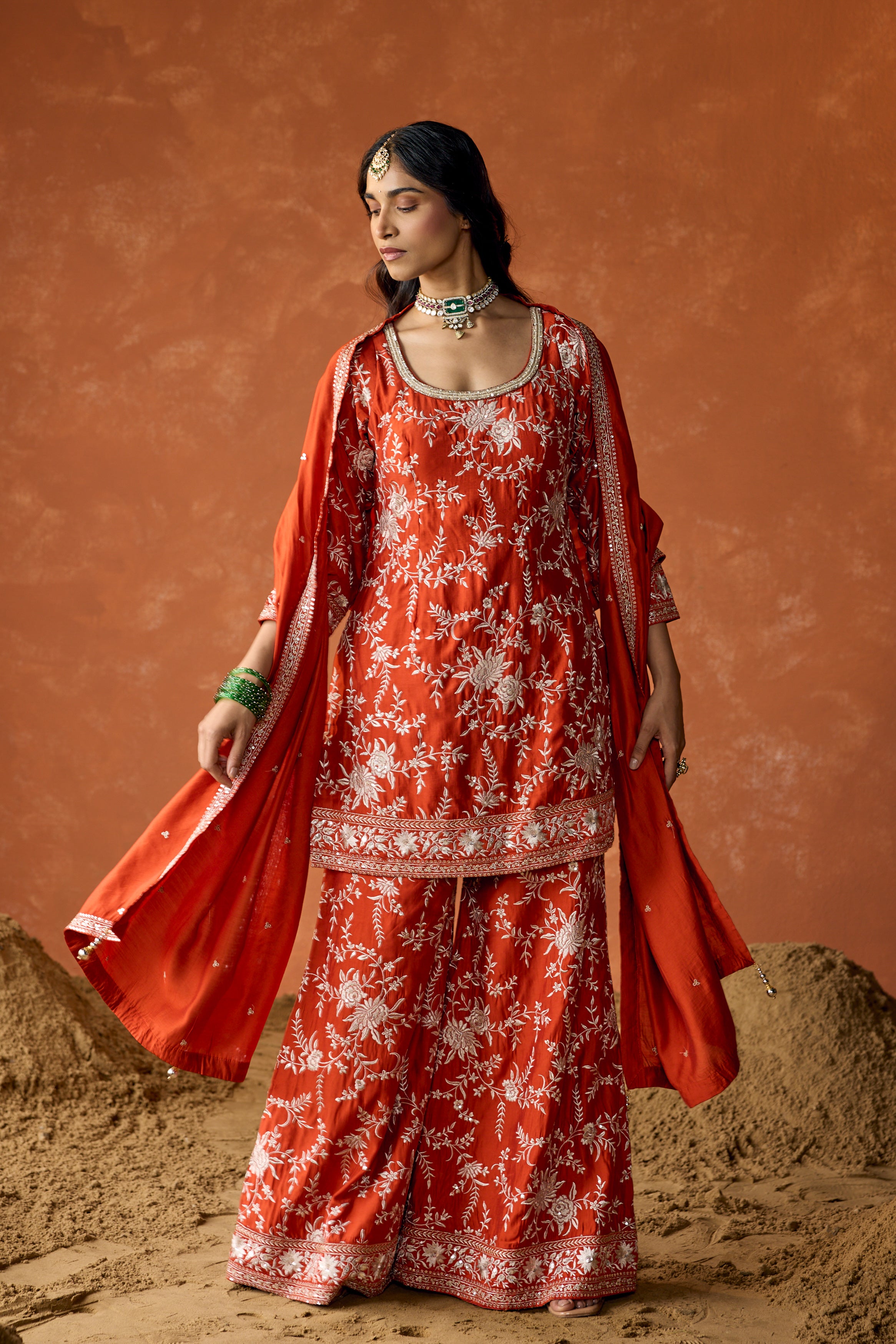 Terracotta Rust Embroidered Uppada Silk Palazzo Set