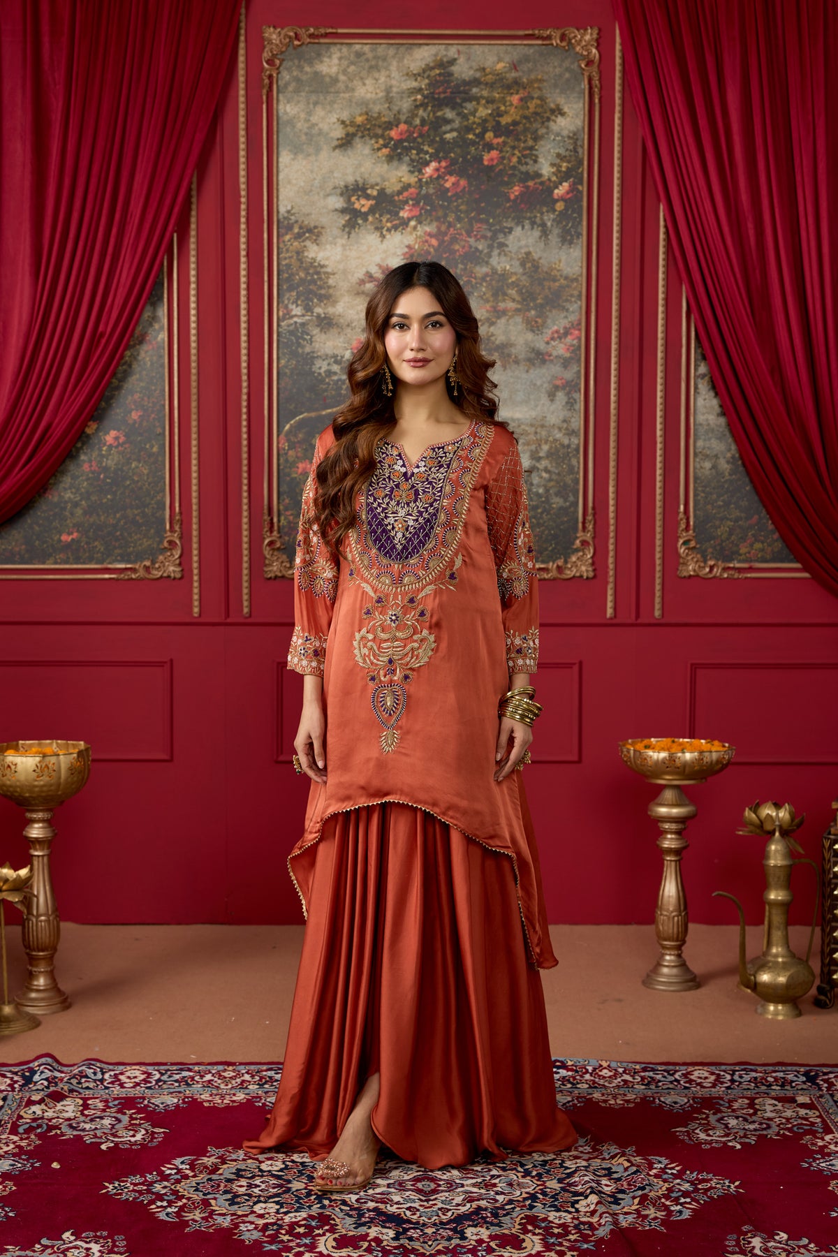 Rust Orange Embellished Crepe Satin Silk Skirt Set