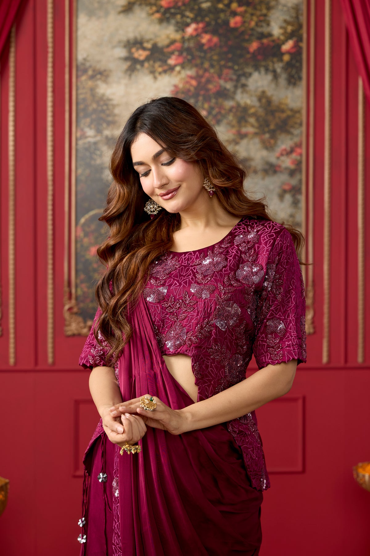 Burgundy Embellished Crepe Satin Silk Pre-Draped Saree