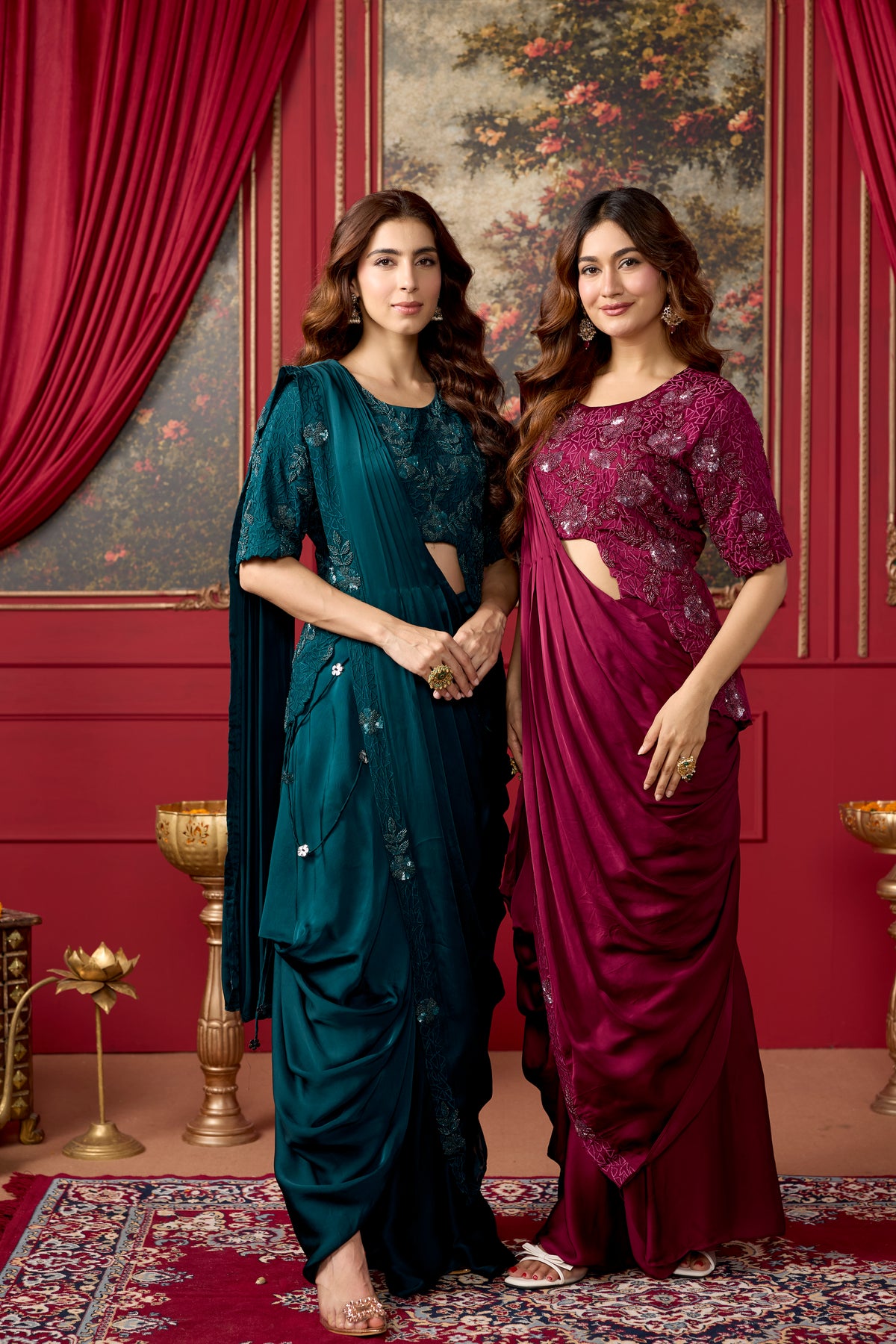 Teal Embellished Crepe Satin Silk Pre-Draped Saree